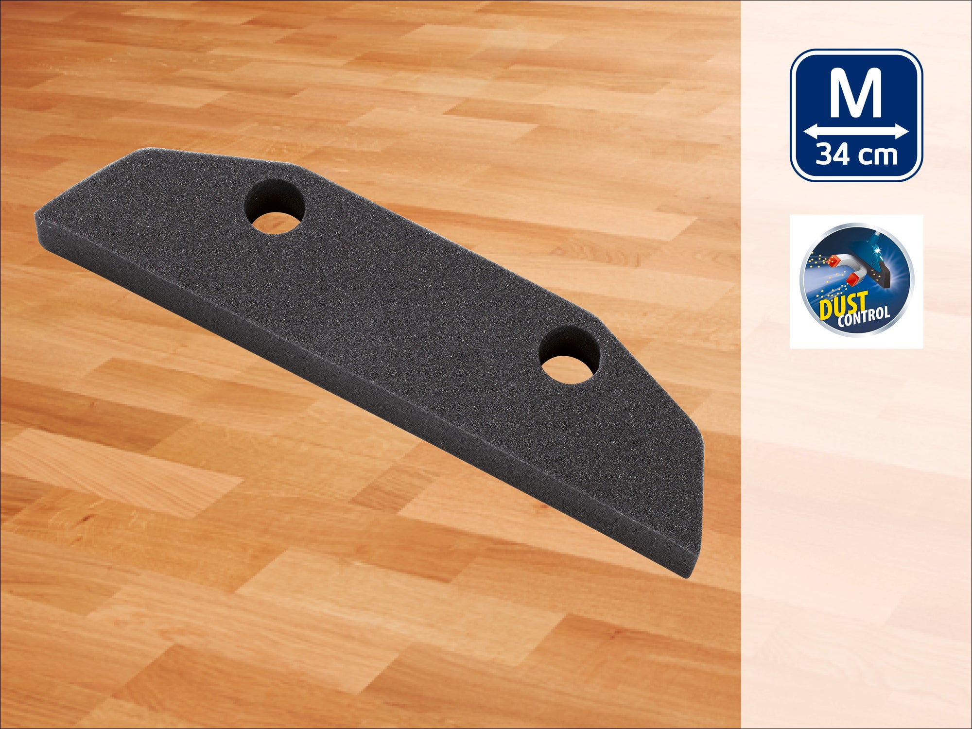 Un panno rettangolare nero con due fori rotondi, adatto per il controllo della polvere. Dimensioni M, 34 cm. Ideale per pavimenti lisci. Contiene il logo Dust Control.