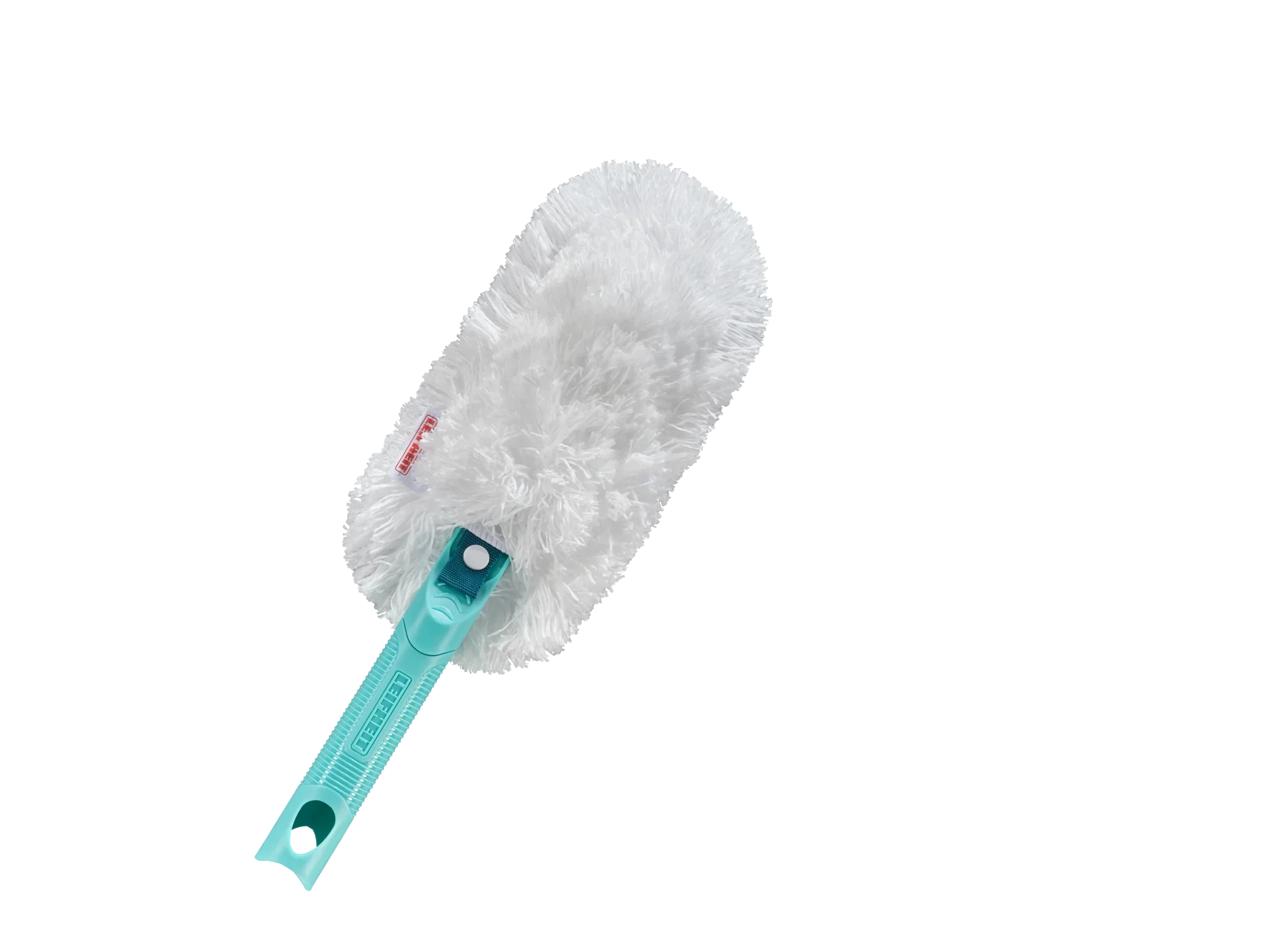 Een witte plumeau met een turquoise gekleurd handvat, SUPERDUSTER genaamd. Ideaal om stof te verwijderen van delicate oppervlakken. Perfect voor dagelijks huishoudelijk gebruik.