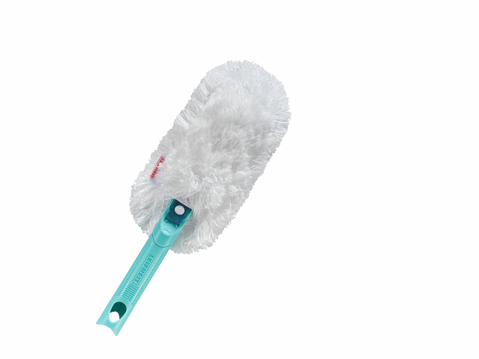 Un plumeau blanc avec une poignée turquoise, connu sous le nom de SUPERDUSTER. Idéal pour éliminer la poussière sur les surfaces délicates. Parfait pour un usage quotidien dans la maison.