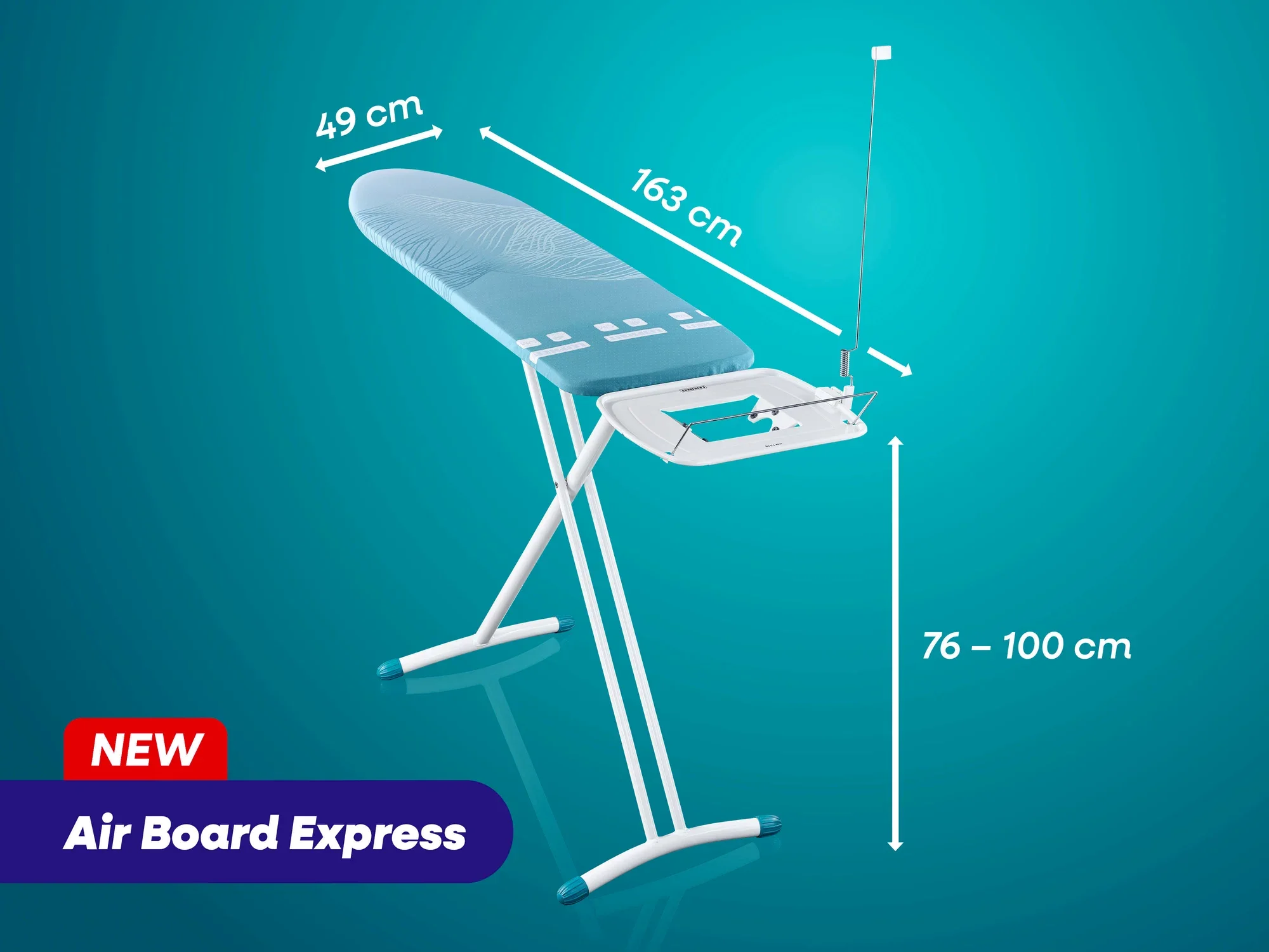 Bügeltisch Air Board Express von Leifheit mit blauer Bügelfläche. Maße: 49 cm Breite, 163 cm Länge, höhenverstellbar von 76 bis 100 cm. Stabiler Standfuß und integrierte Ablage.