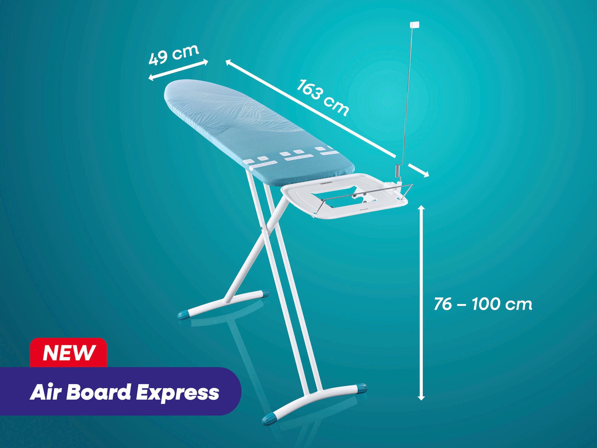 Bügeltisch Air Board Express von Leifheit mit blauer Bügelfläche. Maße: 49 cm Breite, 163 cm Länge, höhenverstellbar von 76 bis 100 cm. Stabiler Standfuß und integrierte Ablage.