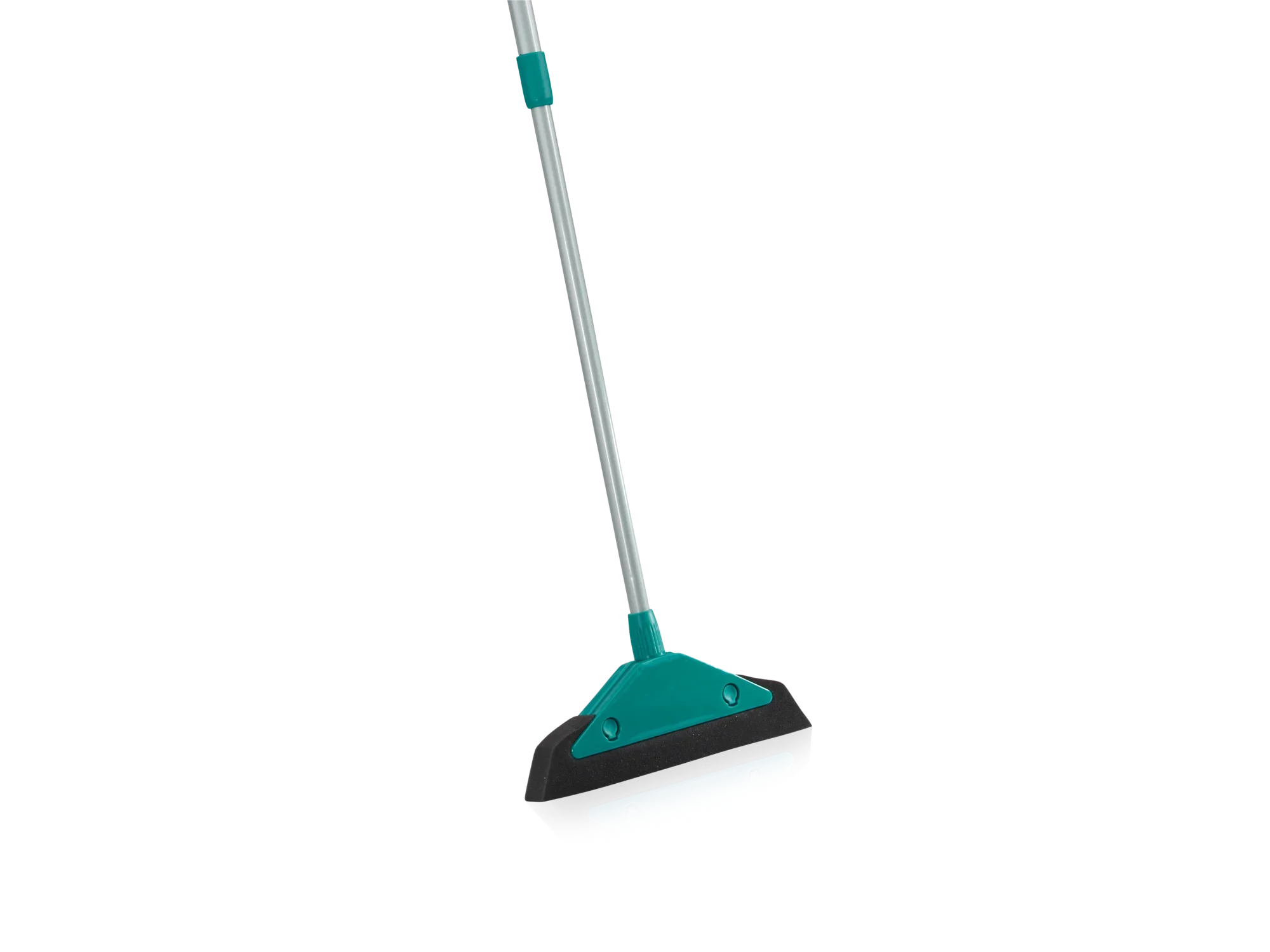 Miotła piankowa z długą, srebrną rączką i zielonym uchwytem. Miotła ma szeroką, czarną powierzchnię z pianki, idealną do czyszczenia gładkich podłóg.