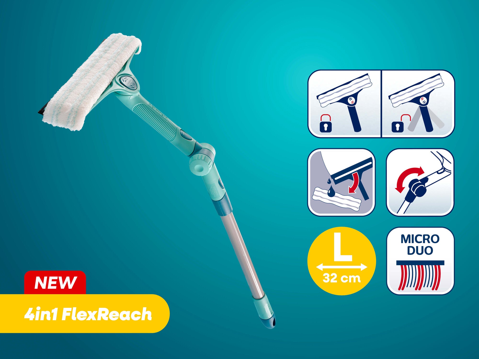 Das Bild zeigt das Leifheit 4in1 FlexReach Fensterreinigungs-Set. Es verfügt über einen flexiblen Teleskopstiel und einen 32 cm breiten Micro Duo Wischbezug. Vier Symbole verdeutlichen die Funktionen: einstellbarer Winkel, abnehmbarer Bezug, ergonomischer