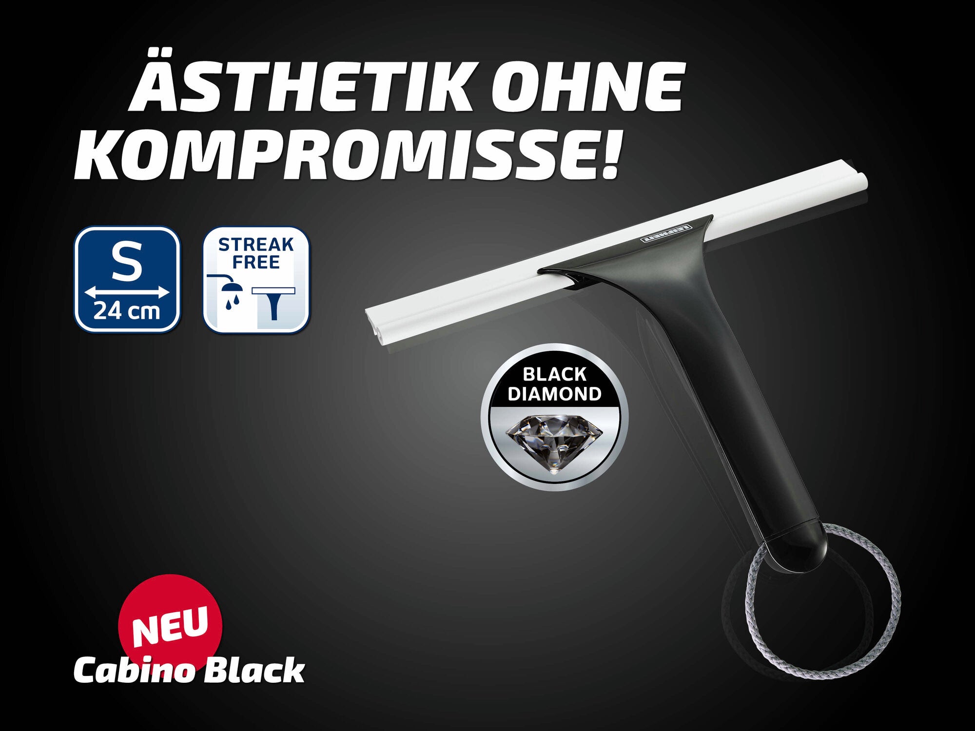 Duschabzieher Cabino Black von Leifheit in elegantem Schwarz. Der Abzieher hat eine Breite von 24 cm und sorgt für streifenfreie Sauberkeit. Ideal für ästhetische Ansprüche.