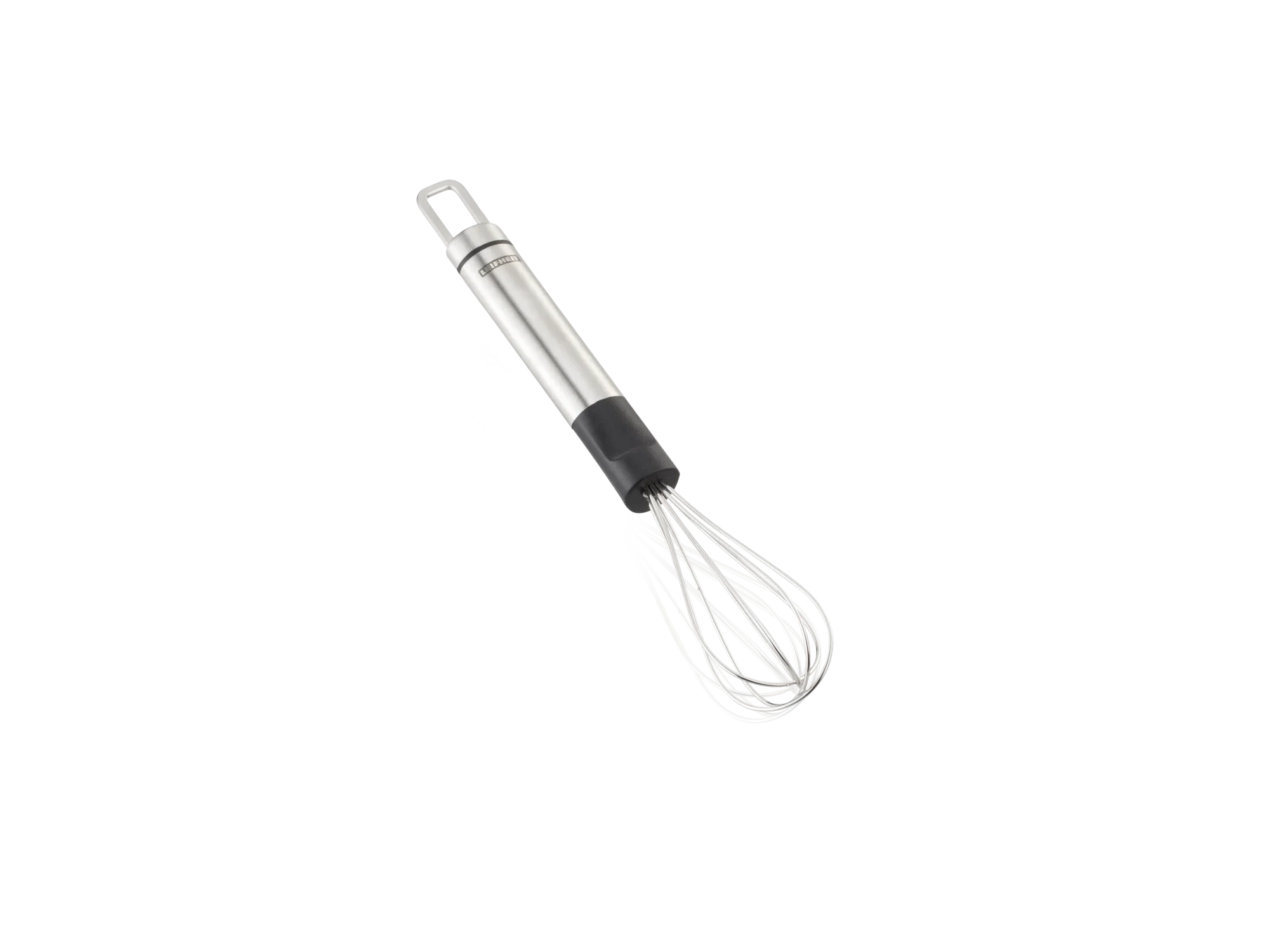 Een kleine roestvrijstalen garde met een zwart handvat, ideaal voor het opkloppen van eieren of room. De garde is 21 cm lang en is perfect voor dagelijks gebruik in de keuken.