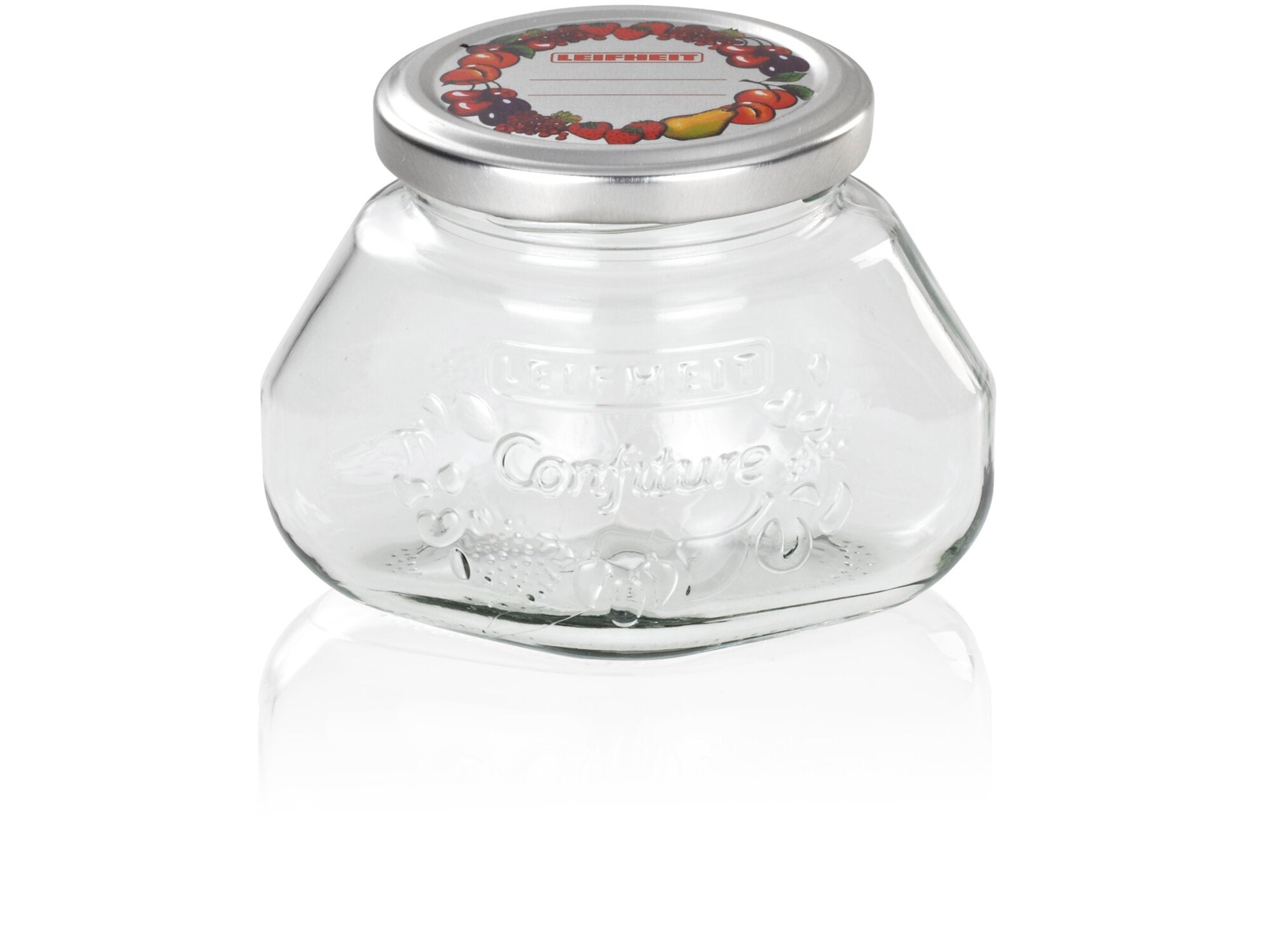Tarro de gelatina de 250 ml con tapa decorativa. El vidrio transparente muestra un diseño elegante con la palabra "Confiture" grabada. Ideal para almacenar conservas caseras.