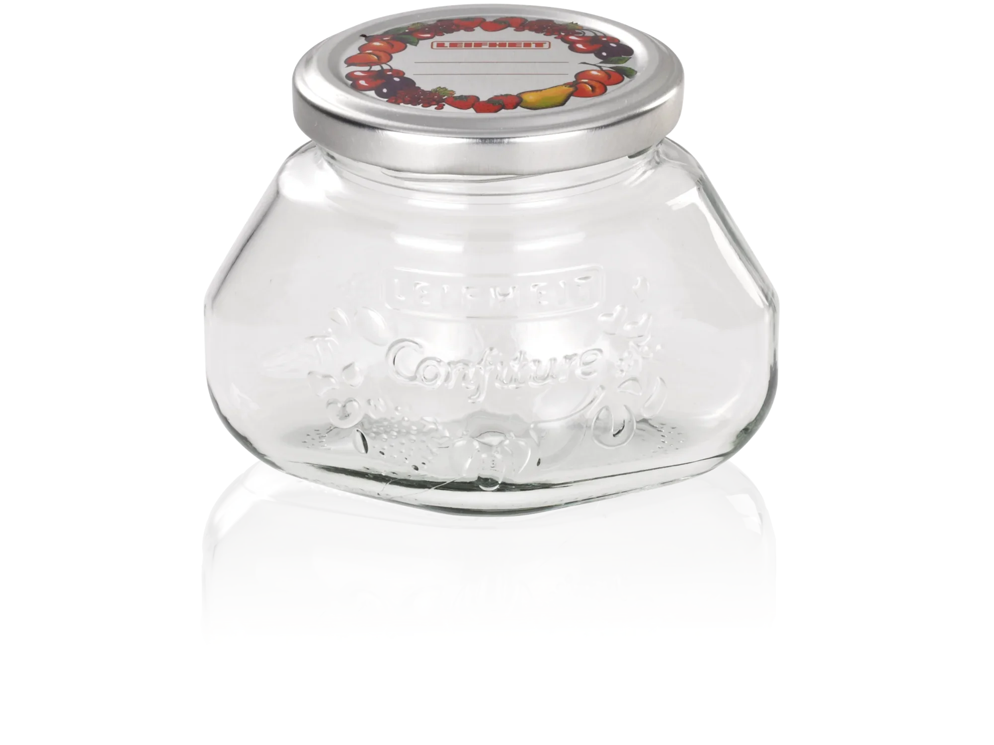 Un pot à gelée transparent d'une contenance de 250 ml. Le couvercle est décoré d'un motif fruité coloré. Idéal pour conserver les confitures et les gelées.