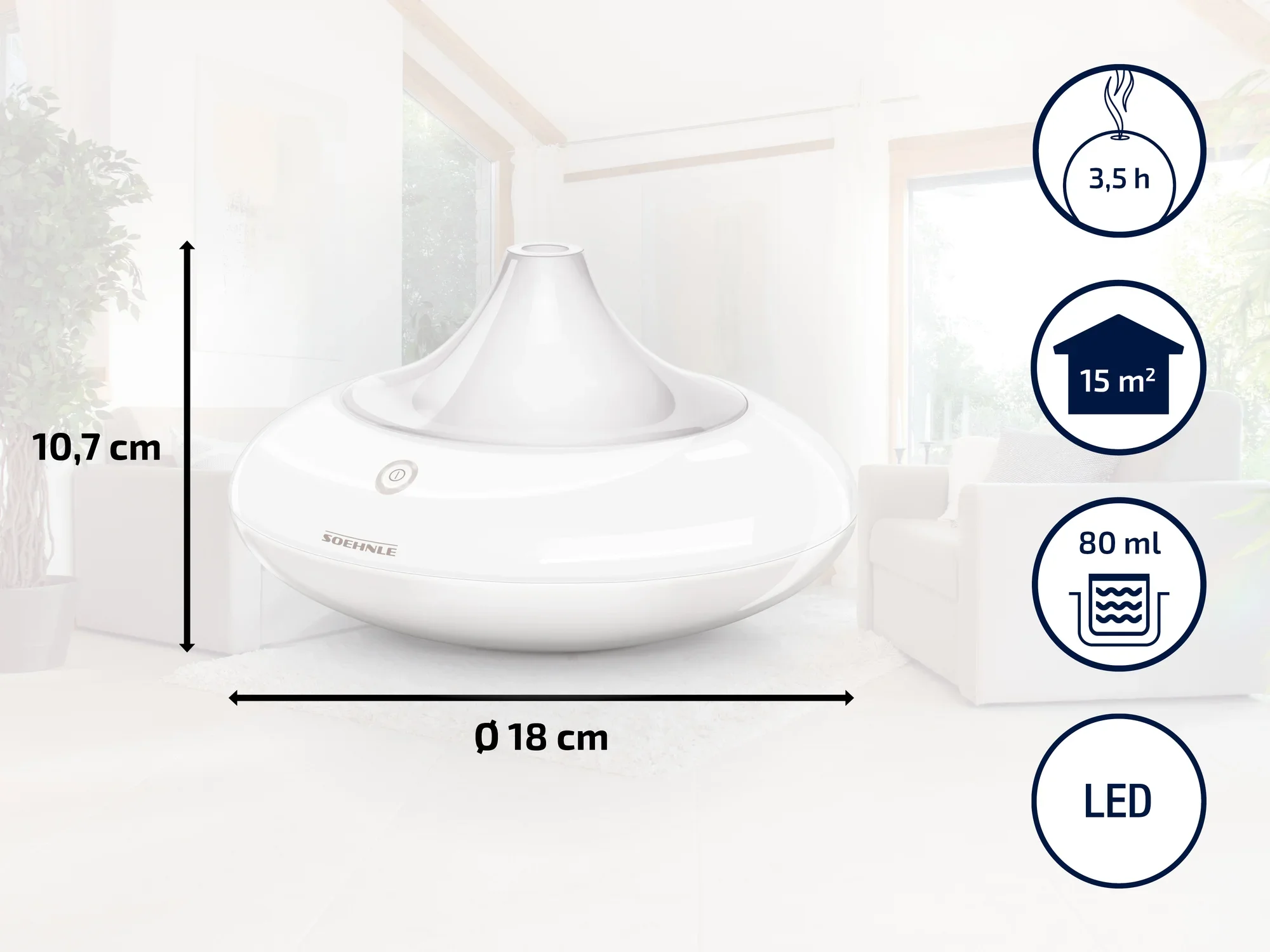 Un humidificateur blanc élégant avec éclairage LED, adapté aux pièces jusqu'à 15 m². Il a une capacité de 80 ml et une autonomie de 3,5 heures.