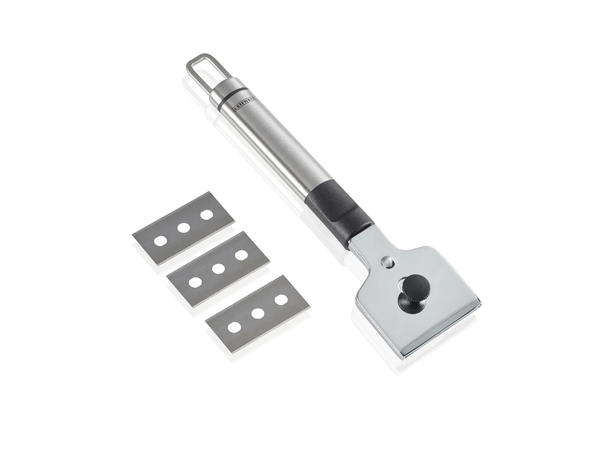 Pannenschraper met drie reservemesjes. De pannenlikker heeft een ergonomisch handvat en is ideaal om hardnekkige vlekken van kookplaten te verwijderen.