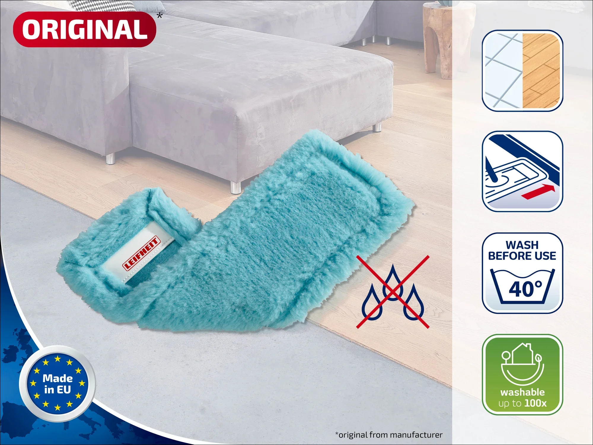Une serpillière turquoise est posée sur le sol. Le produit est lavable à 40 degrés et réutilisable jusqu'à 100 fois. Fabriqué dans l'UE.