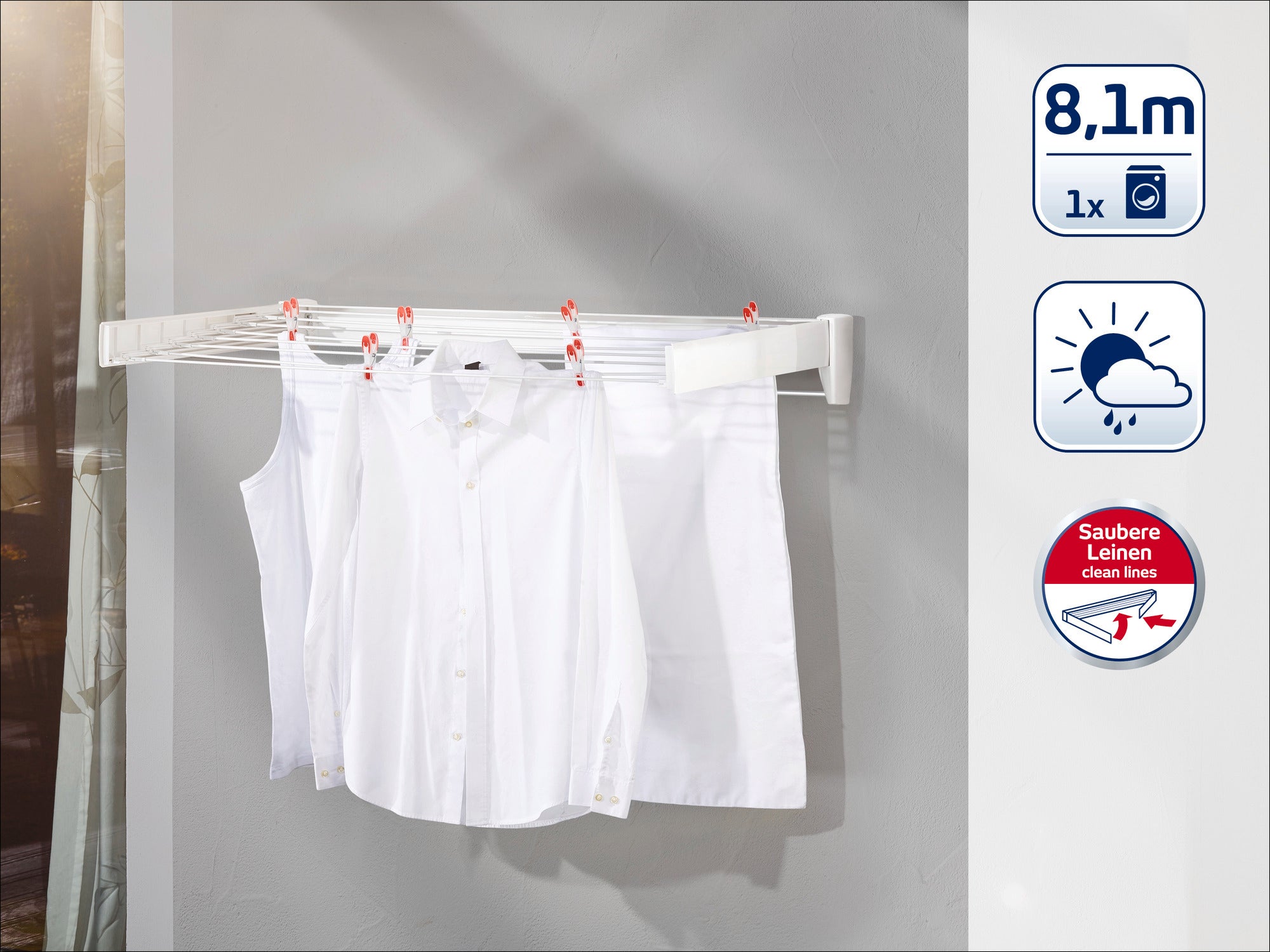 A wall-mounted dryer with white clothes hanging on it. It offers 8.1 metres of drying space and is weatherproof. Ideal for clean laundry in any weather.