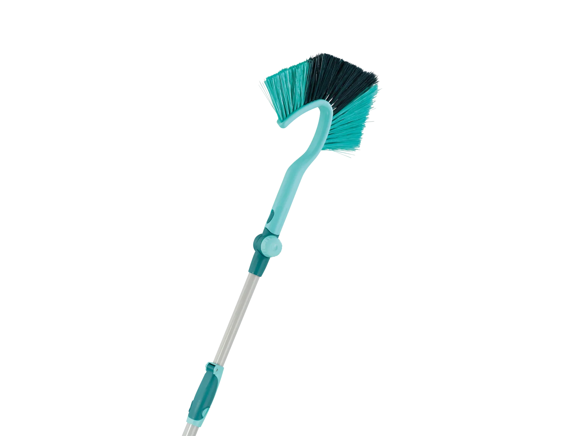 Een afstofborstel met telescopische steel, genaamd "Dusty Telescope", in turkoois en zwart. Ideaal voor het schoonmaken van moeilijk bereikbare plekken. Het handvat is verstelbaar voor flexibel gebruik.