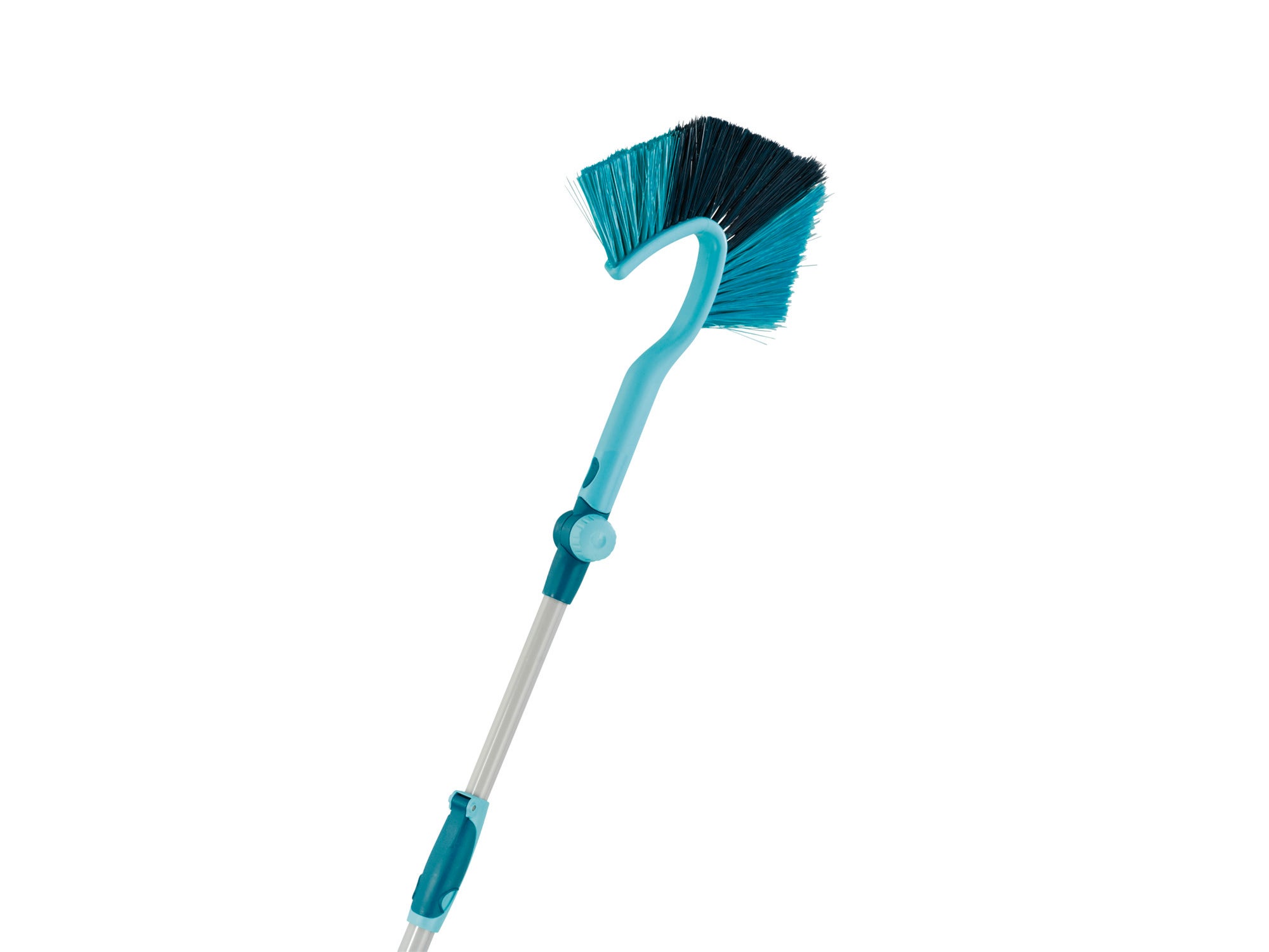 Un balai à franges télescopique, appelé « Dusty Telescope », en turquoise et noir. Idéal pour nettoyer les endroits difficiles d'accès. Le manche est réglable pour une utilisation flexible.