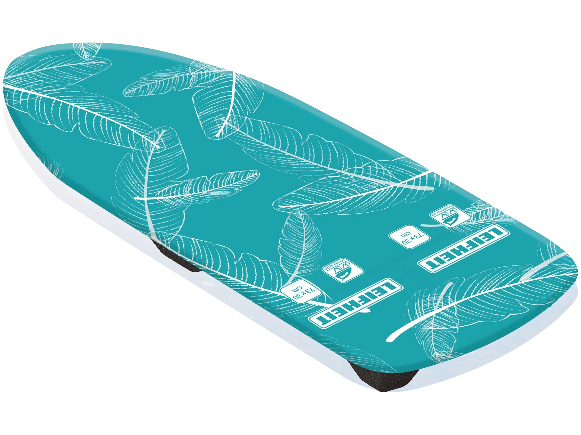 Air Board Table Compacte strijkplank in turkoois met witte verenmotieven. Lichtgewicht en compact, ideaal voor kleine kamers. Perfect om thuis efficiënt te strijken.