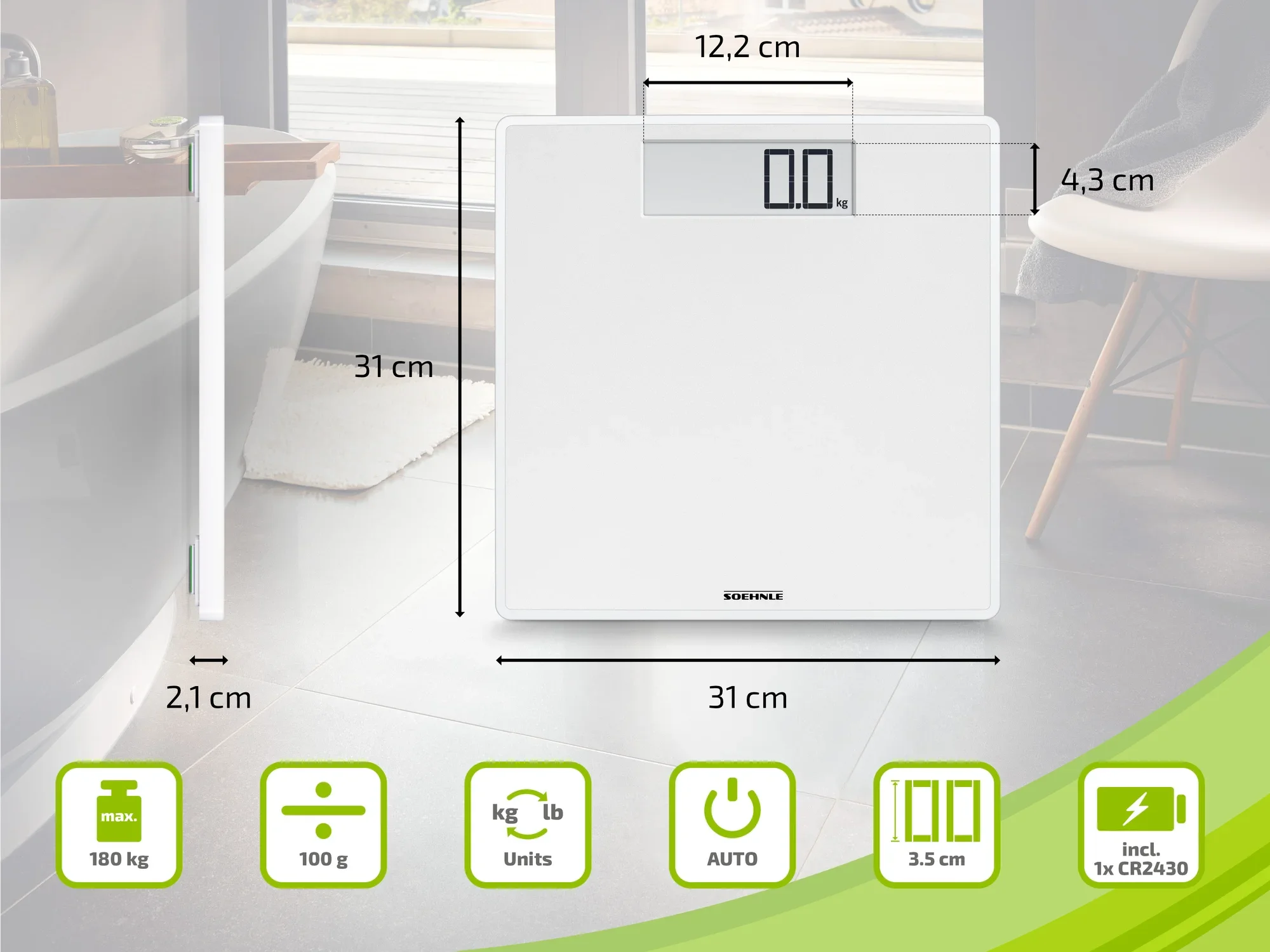 Cyfrowa waga łazienkowa Soehnle o wymiarach 31 x 31 cm. Pokazuje wagę na dużym wyświetlaczu i obsługuje do 180 kg. Zawiera 1x baterię CR2032.