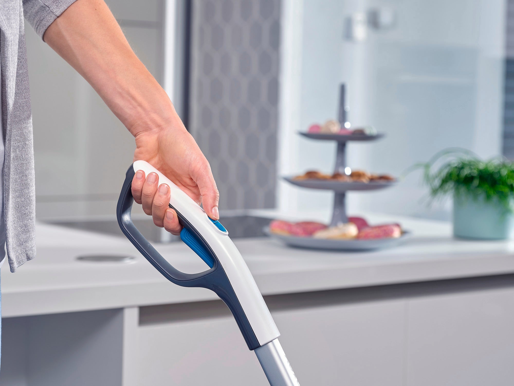 Eine Person hält den Griff des Regulus Aqua PowerVac, eines modernen Staubsaugers, in einer stilvollen Küche. Im Hintergrund sind ein Pflanzenarrangement und ein Serviertablett zu sehen.