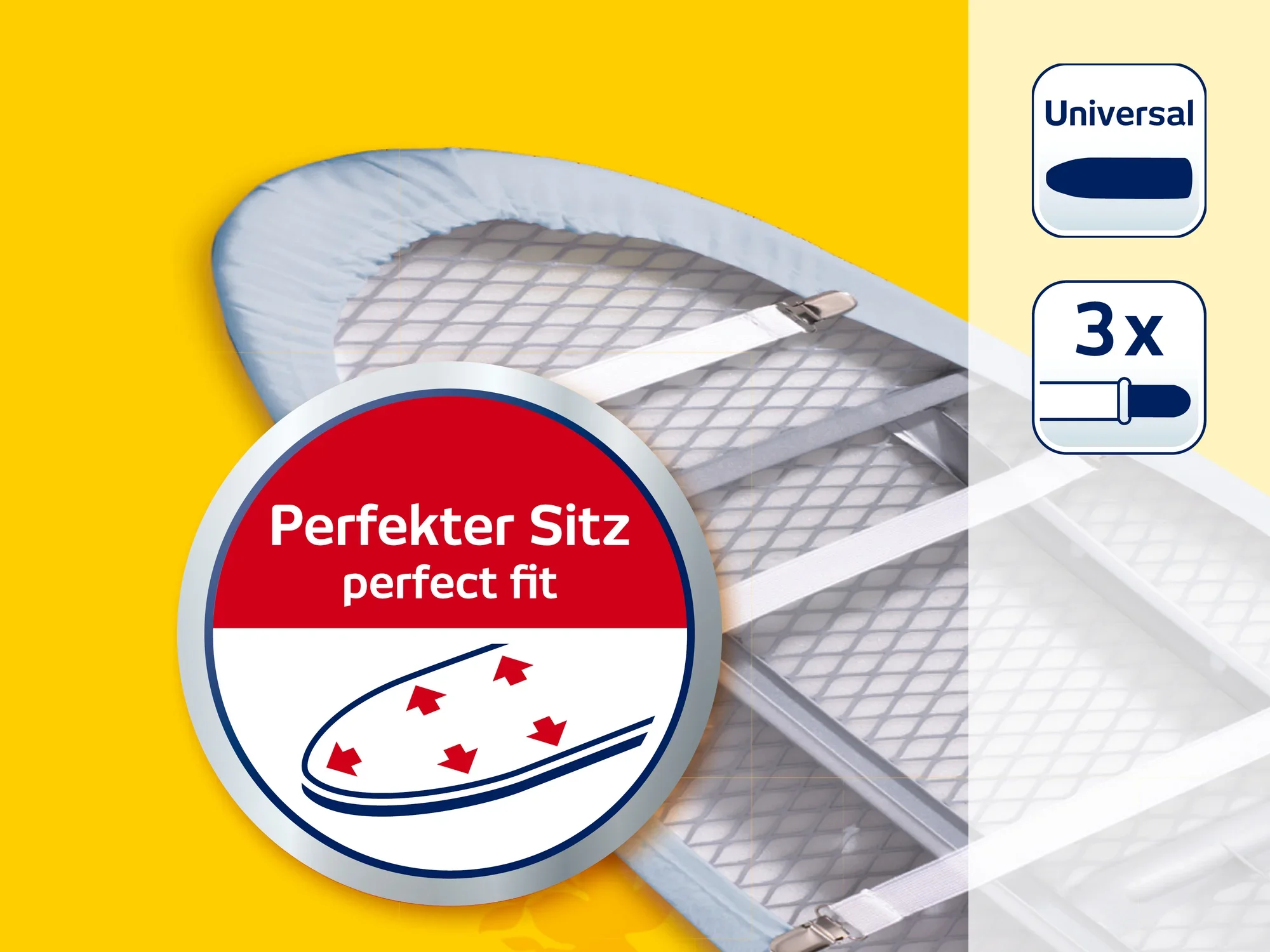 Accessoire pour tables à repasser avec un ajustement parfait. La photo montre un revêtement pour table à repasser avec un symbole indiquant une adaptation universelle et une triple utilisation. Idéal pour différentes tailles de tables à repasser.