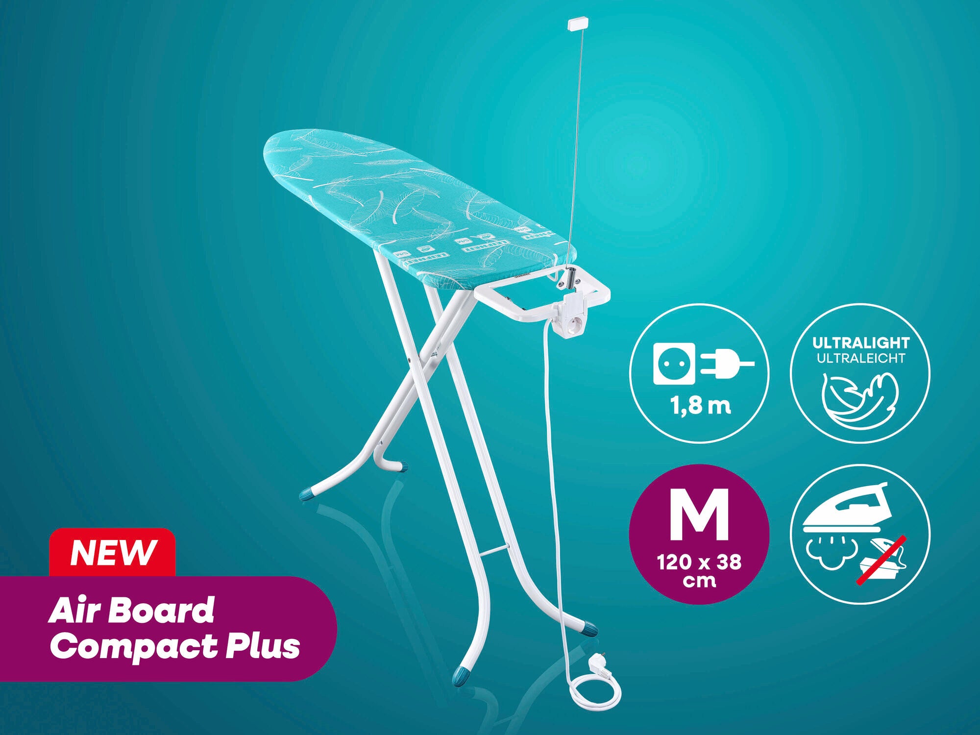 Bügeltisch Air Board Compact Plus von Leifheit in der Größe M, 120 x 38 cm. Leichtes Design mit ultraleichter Oberfläche, 1,8 m Kabel und integrierter Steckdose. Ideal für effizientes Bügeln.