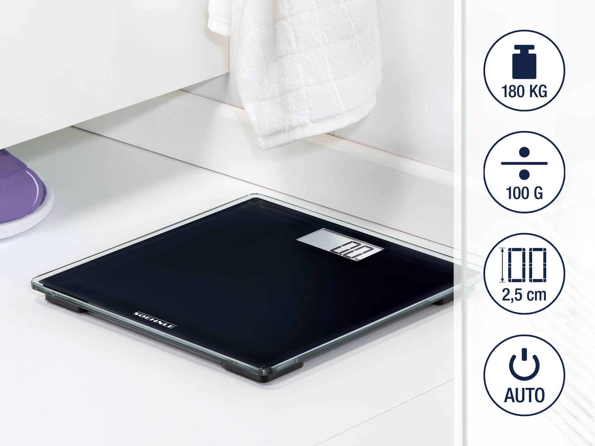 Digitale Personenwaage von Soehnle in elegantem Schwarz. Maximale Tragkraft von 180 kg, präzise Messung in 100 g Schritten, flaches Design mit 2,5 cm Höhe und automatischer Einschaltfunktion.