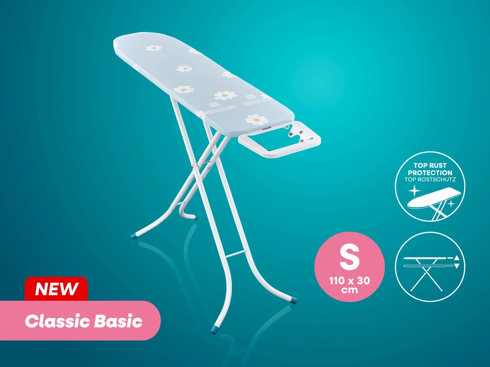 Bügeltisch Classic Basic von Leifheit in der Größe S, 110 x 30 cm. Der Tisch hat ein blumiges Design und bietet Top-Rostschutz. Ideal für kleine Haushalte.