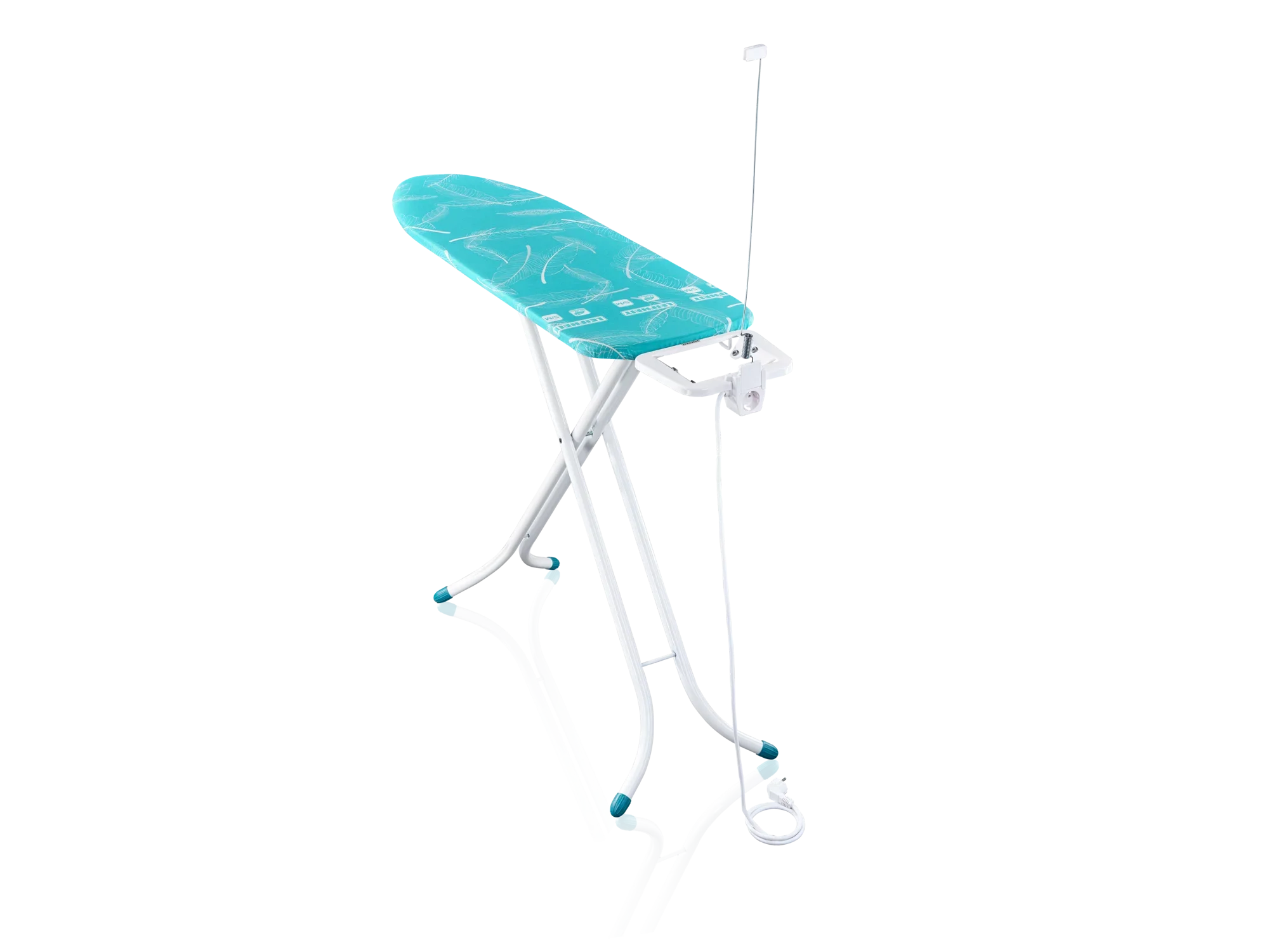 Das Bild zeigt das Leifheit Air Board M Compact Plus Bügelbrett. Es hat eine türkisfarbene Bügelfläche und weiße Beine. Ein Kabelhalter ist integriert, um das Bügeln zu erleichtern.