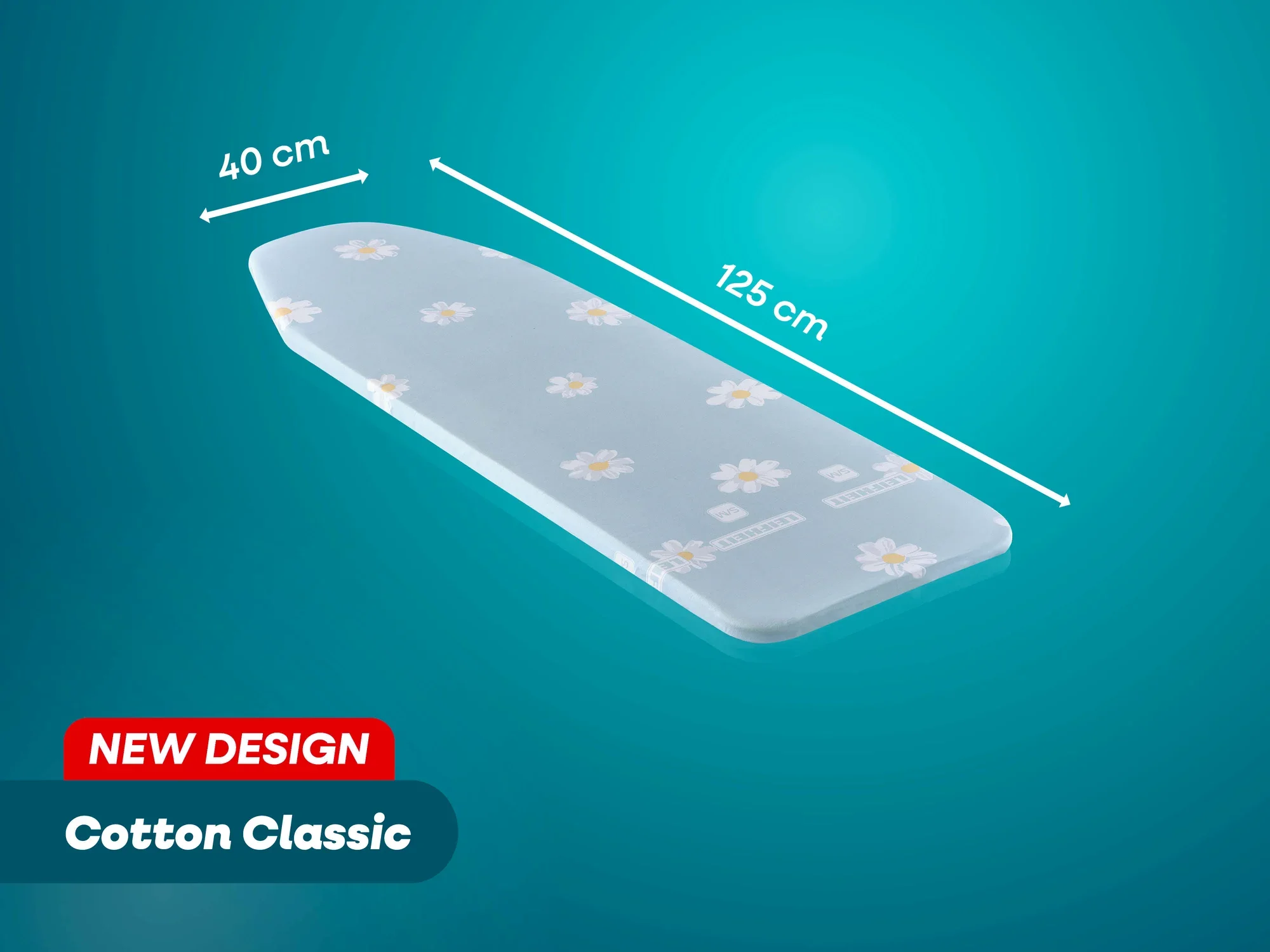 Bügeltischbezug im neuen Design, Modell Cotton Classic, mit den Maßen 125 cm x 40 cm. Der Bezug zeigt ein dezentes Blumenmuster auf einem hellen Hintergrund. Ideal für S-M Bügeltische.