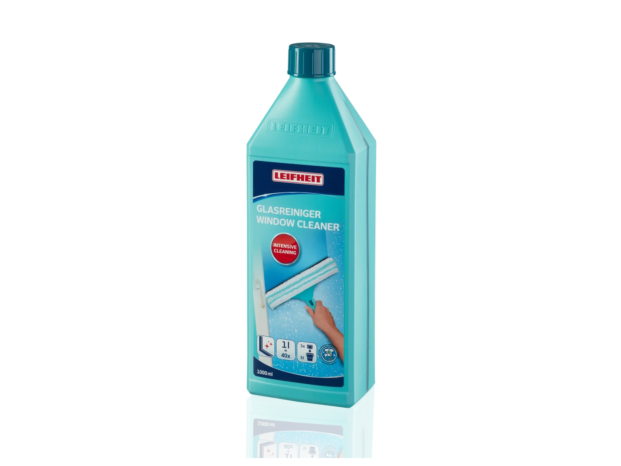 Flasche Glasreiniger 1000 ml von Leifheit. Die türkisfarbene Flasche hat ein Etikett mit einem Fensterwischer und einem roten Punkt, der die Reinigungskraft hervorhebt. Ideal für streifenfreie Fenster.