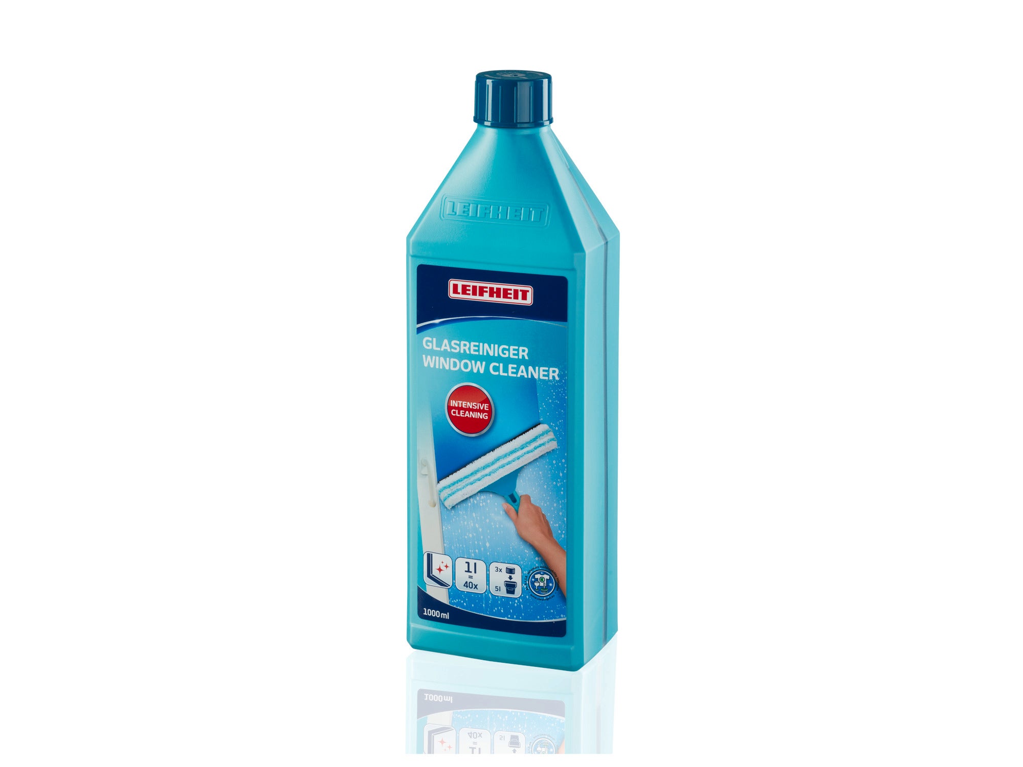 Flacone di detergente per vetri da 1000 ml di Leifheit. Il flacone turchese ha un'etichetta con un tergivetro e un punto rosso che ne evidenzia il potere pulente. Ideale per finestre senza aloni.