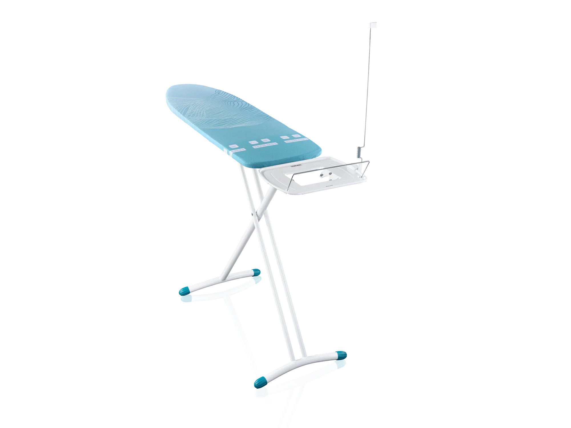 Bügelbrett Leifheit AirBoard Express M Solid in Blau mit stabilen weißen Beinen und einer integrierten Ablage für das Bügeleisen. Ideal für schnelles und effizientes Bügeln.