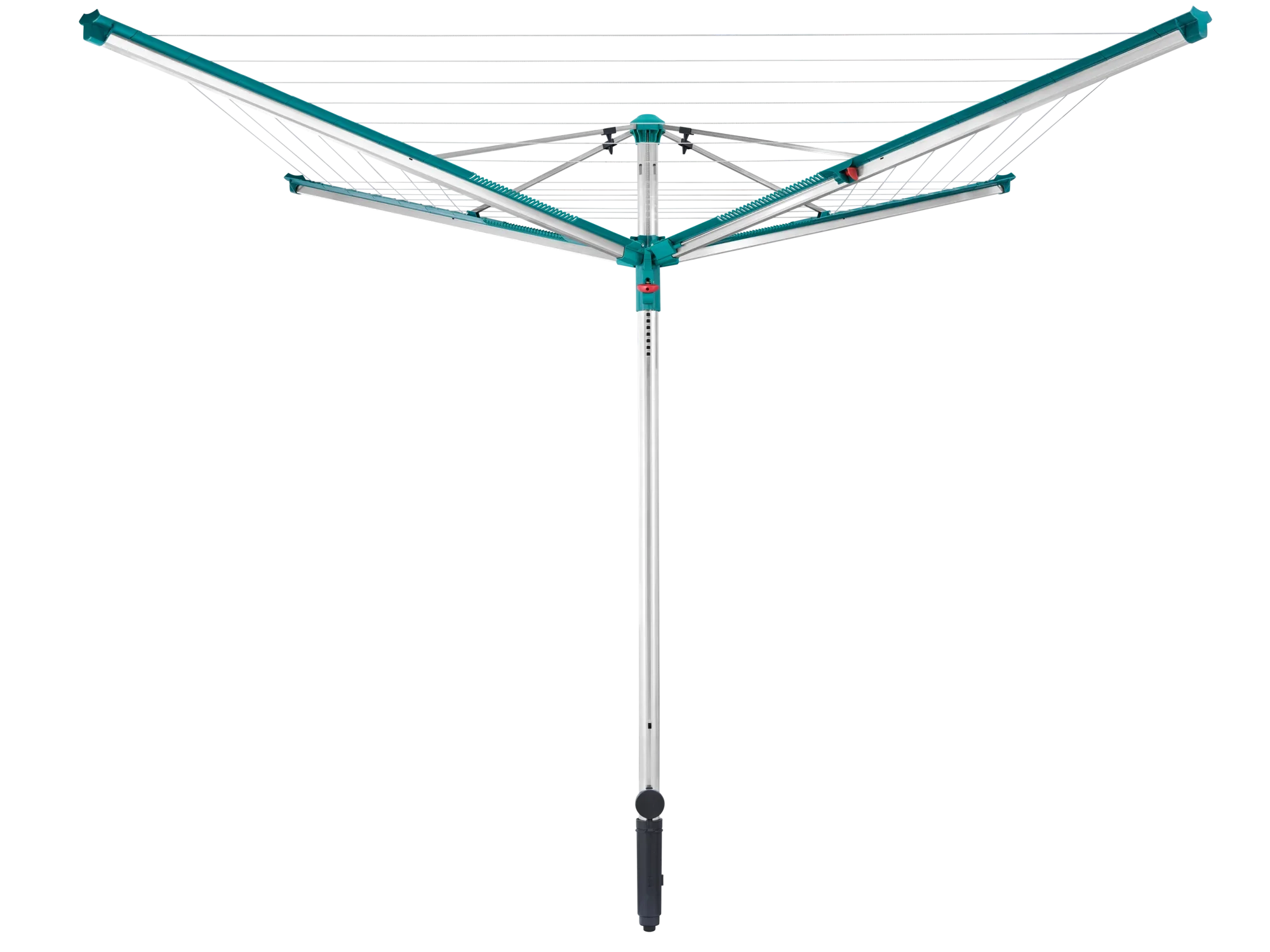 Wäschespinne Linomatic 400 Deluxe von Leifheit in geöffnetem Zustand. Die robuste Konstruktion bietet viel Platz zum Trocknen von Wäsche im Freien. Ideal für große Haushalte.