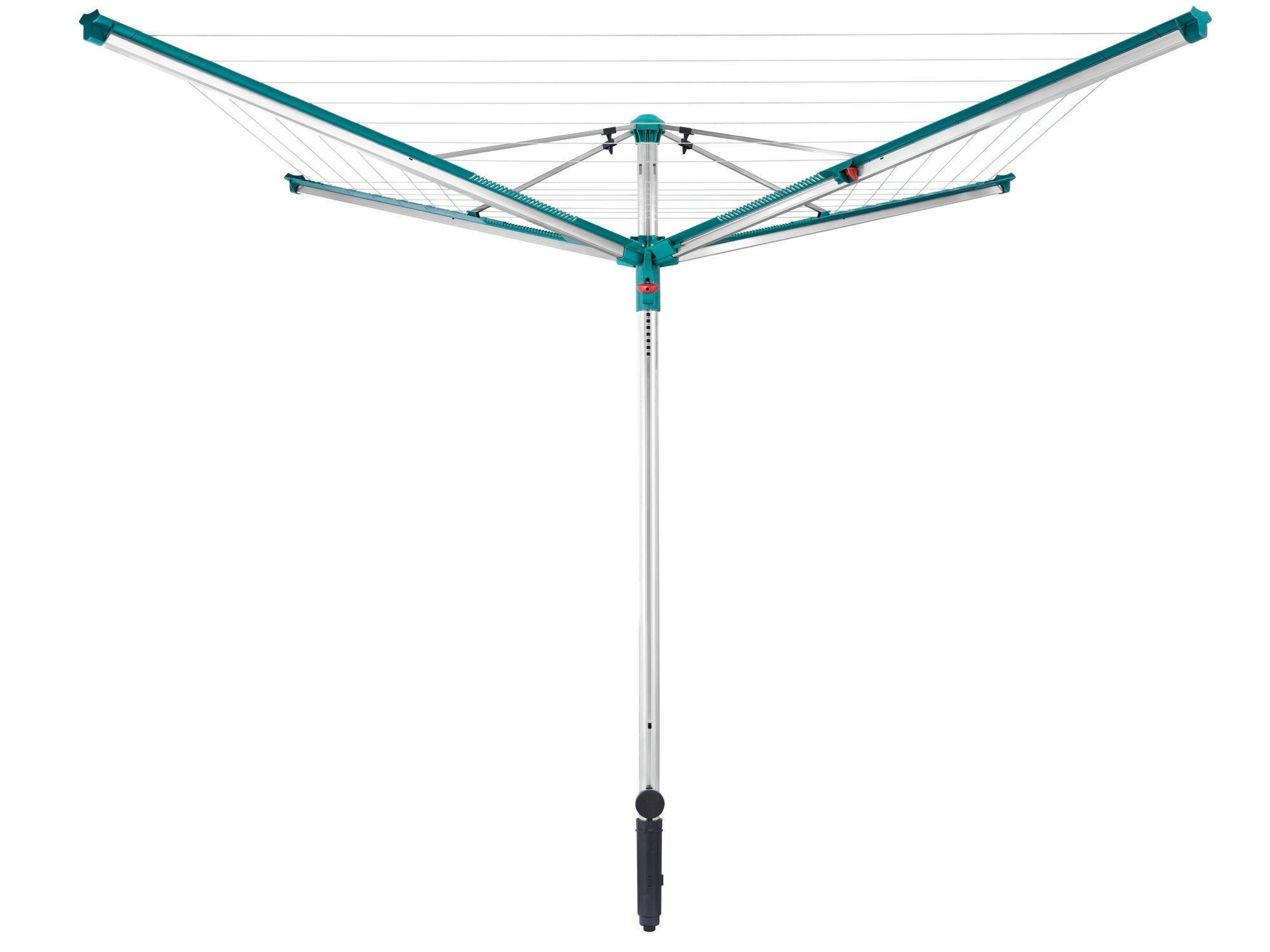 Wäschespinne Linomatic 400 Deluxe von Leifheit in geöffnetem Zustand. Die robuste Konstruktion bietet viel Platz zum Trocknen von Wäsche im Freien. Ideal für große Haushalte.