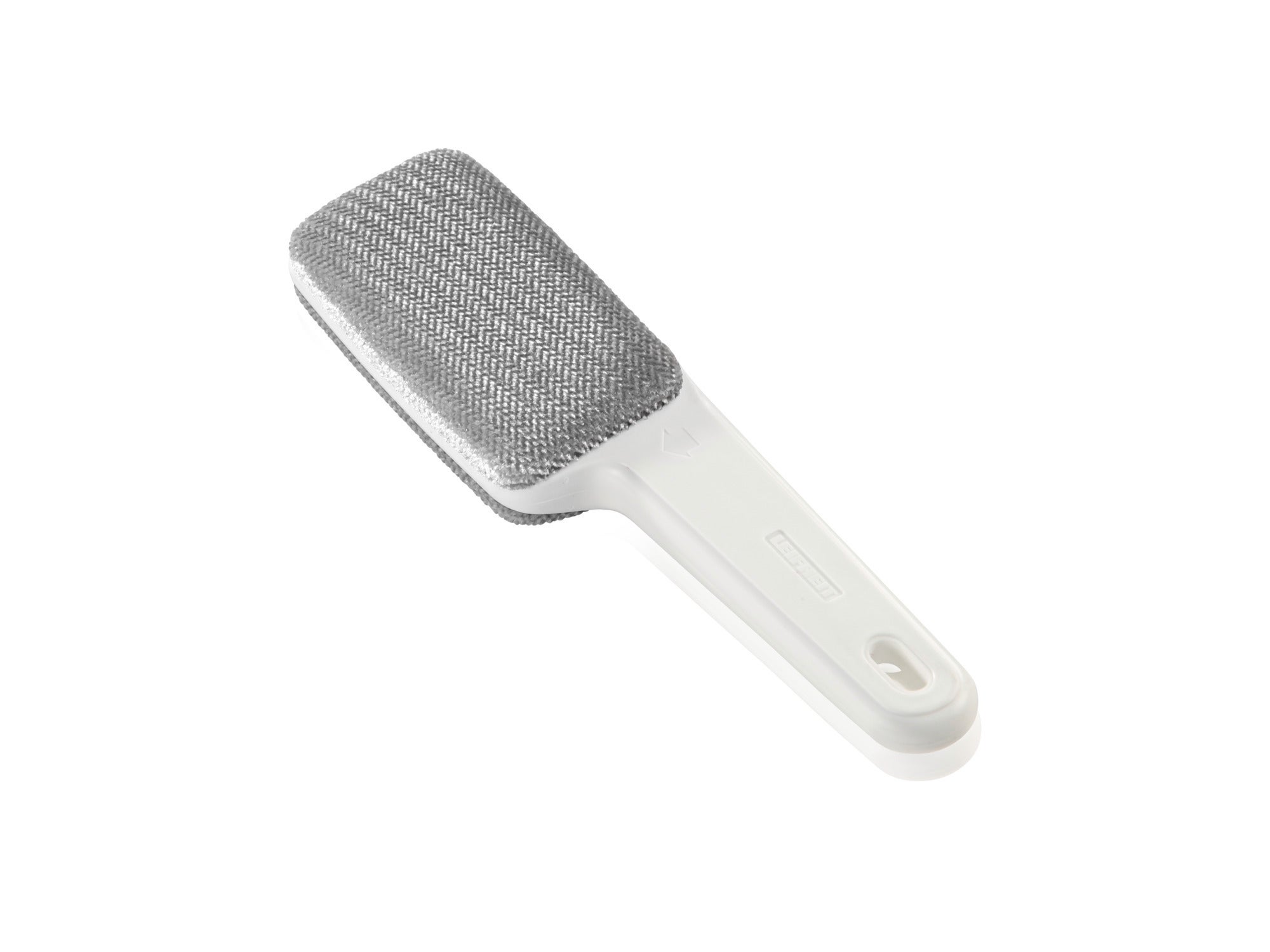 Une brosse à textile blanche appelée Dresetta avec une poignée ergonomique et une surface de brossage grise. Idéale pour éliminer les peluches et la poussière des vêtements et des textiles.