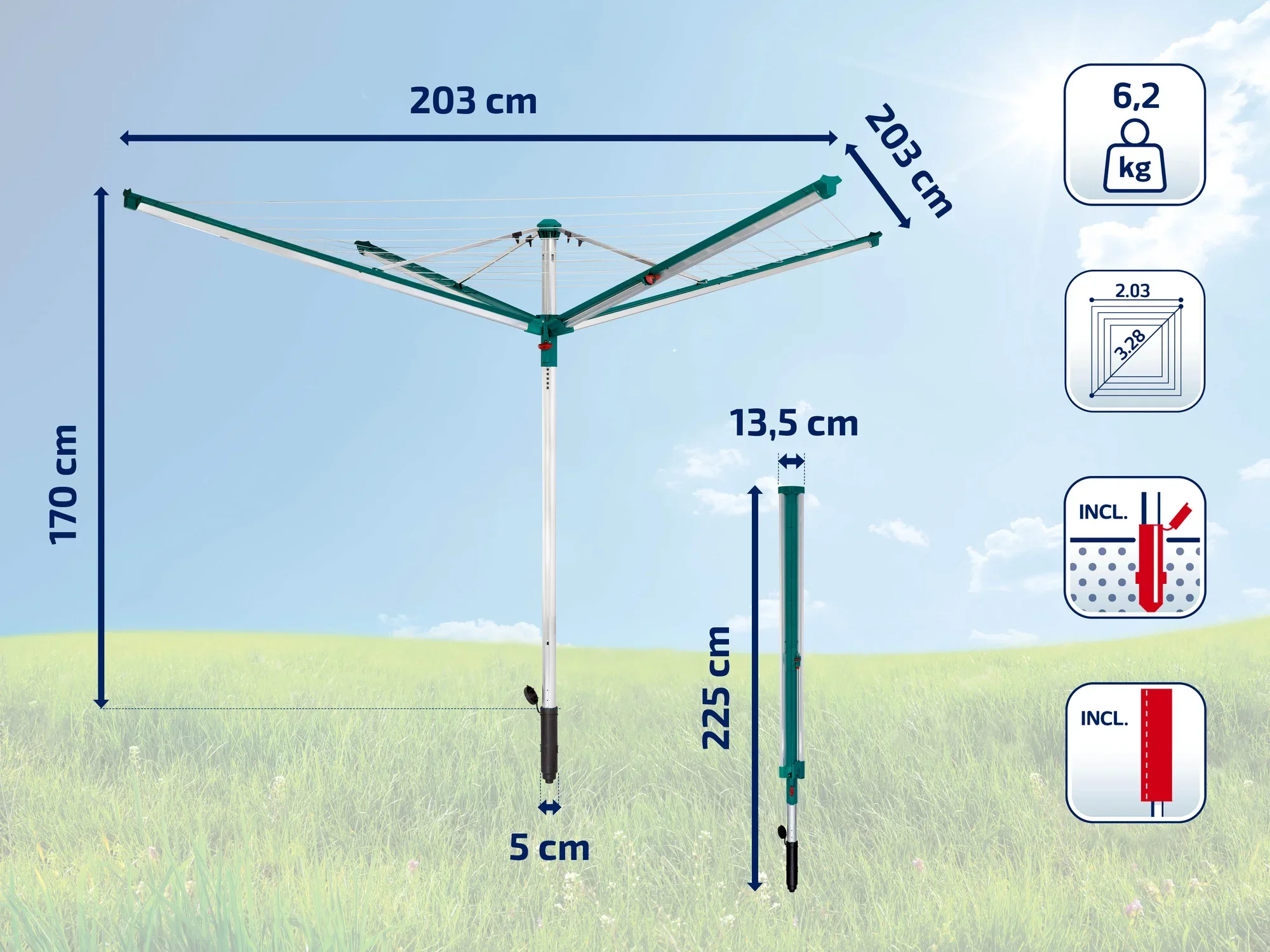 Suszarka obrotowa o rozpiętości 203 cm i wysokości 170 cm. Zawiera gniazdo uziemienia i pokrywę ochronną. Waga 6,2 kg. Idealna do dużych ogrodów.