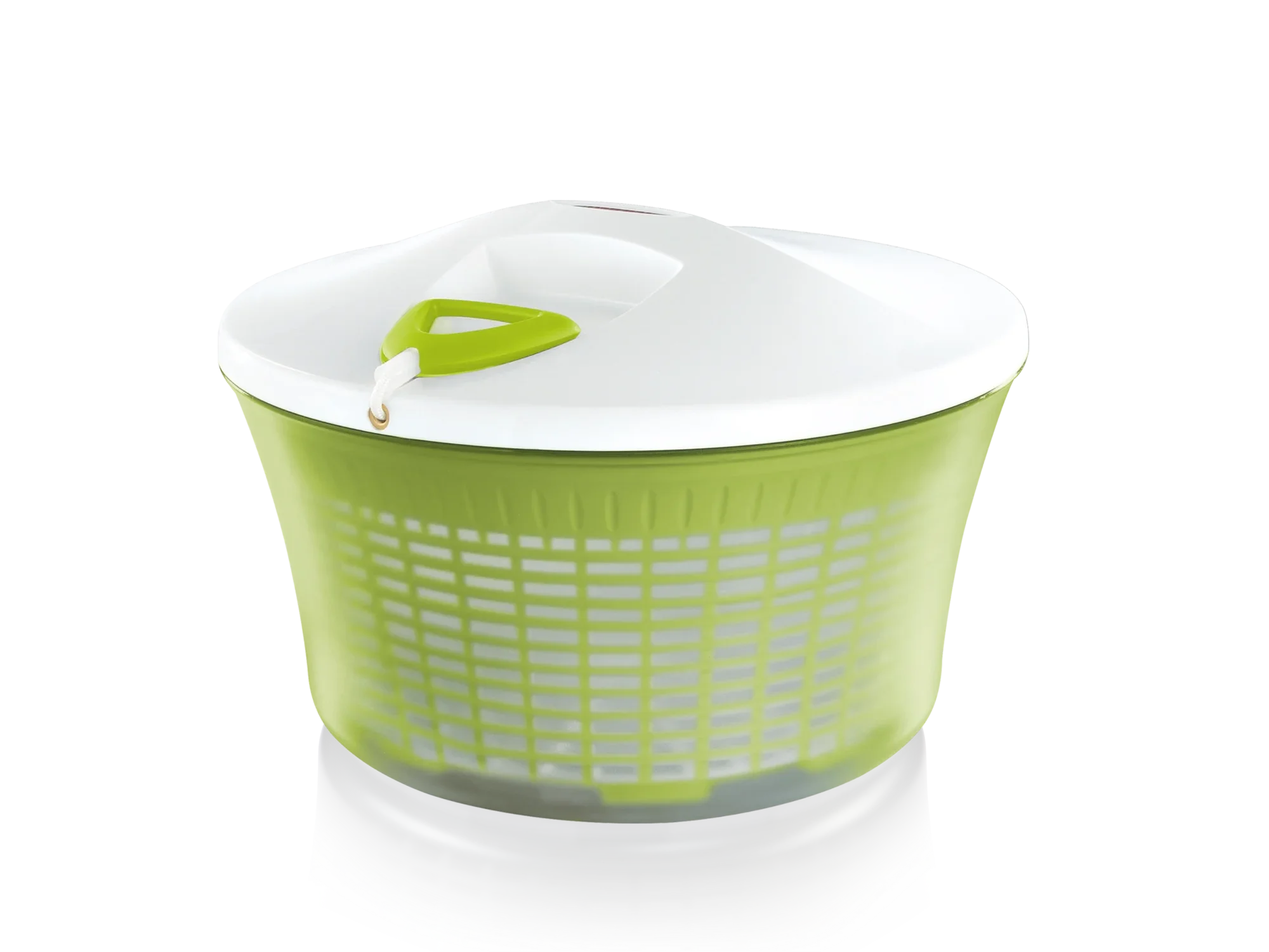 Saladecentrifuge met een inhoud van 5,5 liter. Op de hoofdfoto zie je een groene slacentrifuge met wit deksel, ideaal om salades snel te drogen.