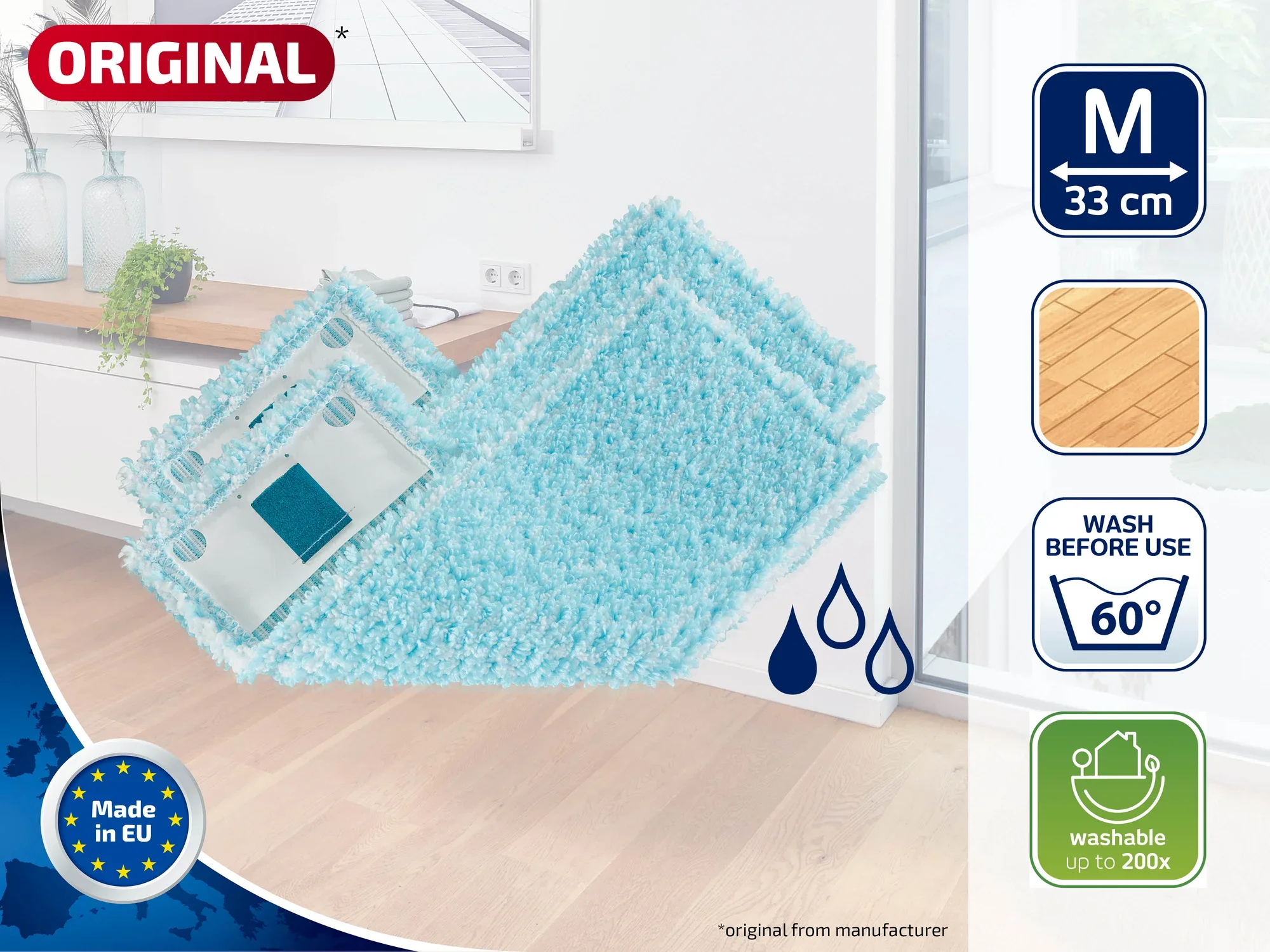 Op de foto zie je een originele schoonmaakset met een blauwe microvezel mop, geschikt voor vloeren tot 33 cm breed. Hij is wasbaar tot 60 graden en tot 200 keer herbruikbaar. Gemaakt in de EU.