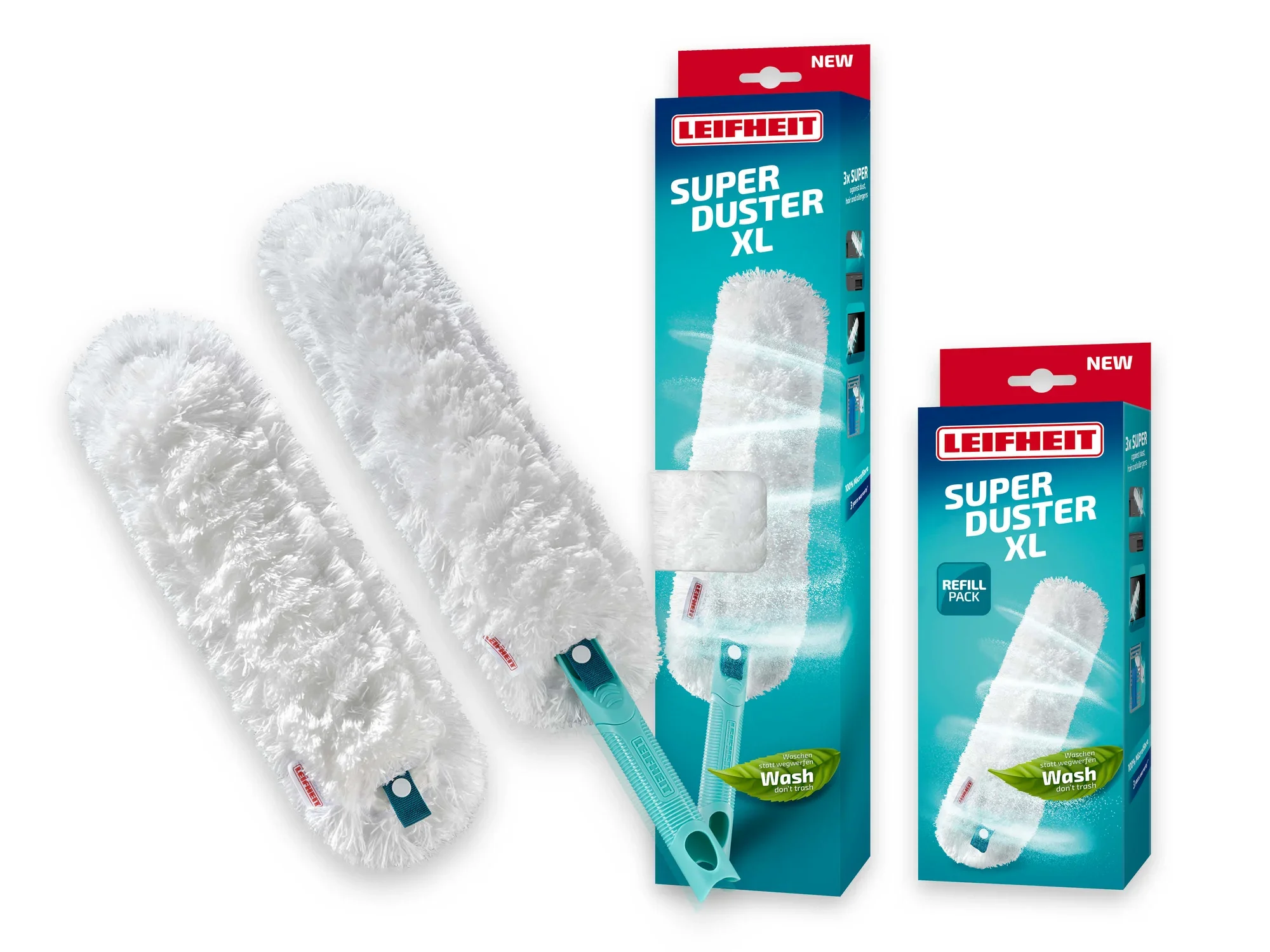 Leifheit Super Duster XL mit Bezug: Das Bild zeigt den Staubwedel mit zwei weißen Bezügen und der Verpackung. Ideal zum Entfernen von Staub auf großen Flächen.