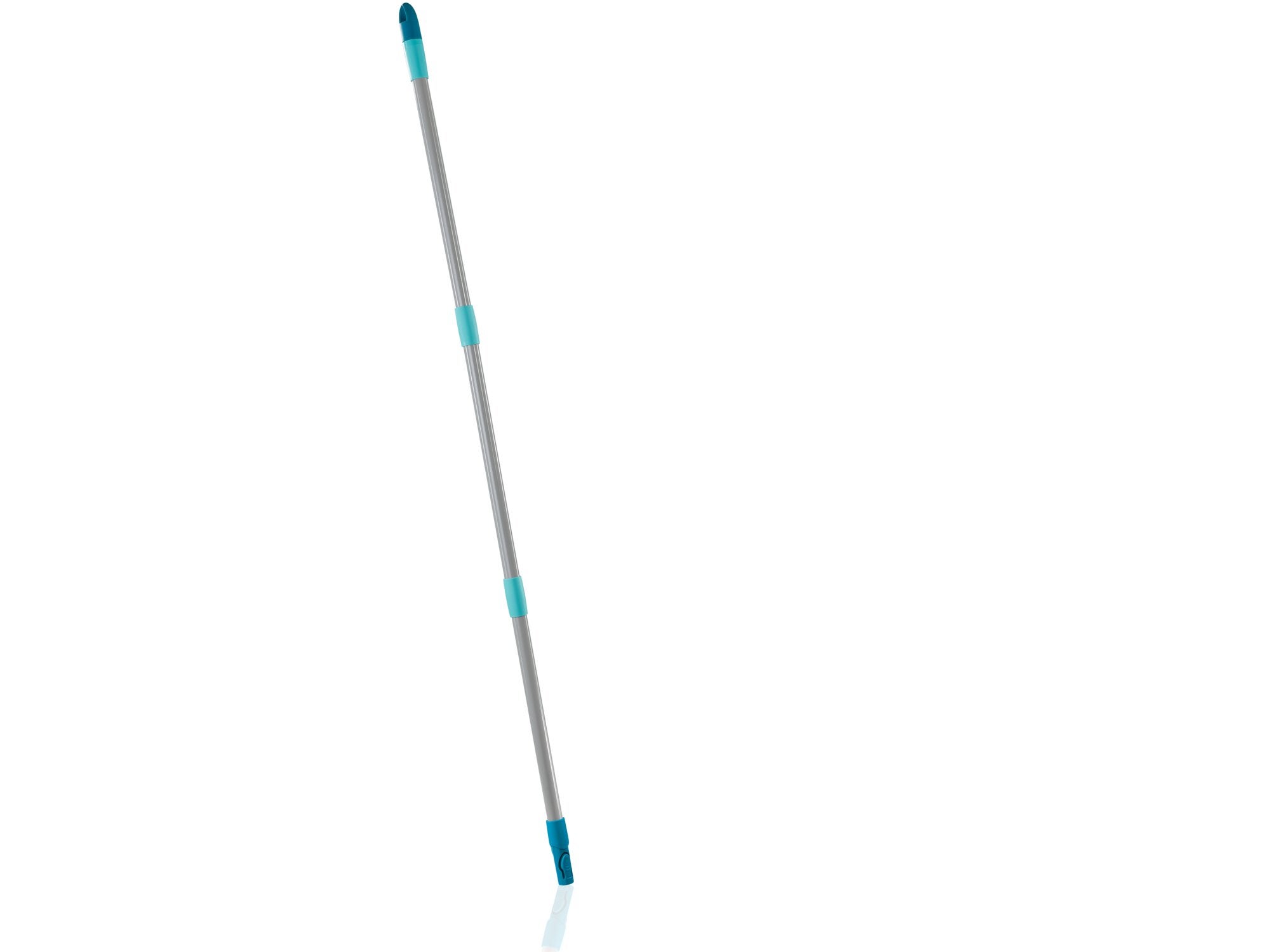 Ein dreiteiliger Stiel des Leifheit Click-Systems, ideal für die Reinigung. Der Stiel ist in Grau mit blauen Akzenten gestaltet und bietet eine einfache Handhabung.
