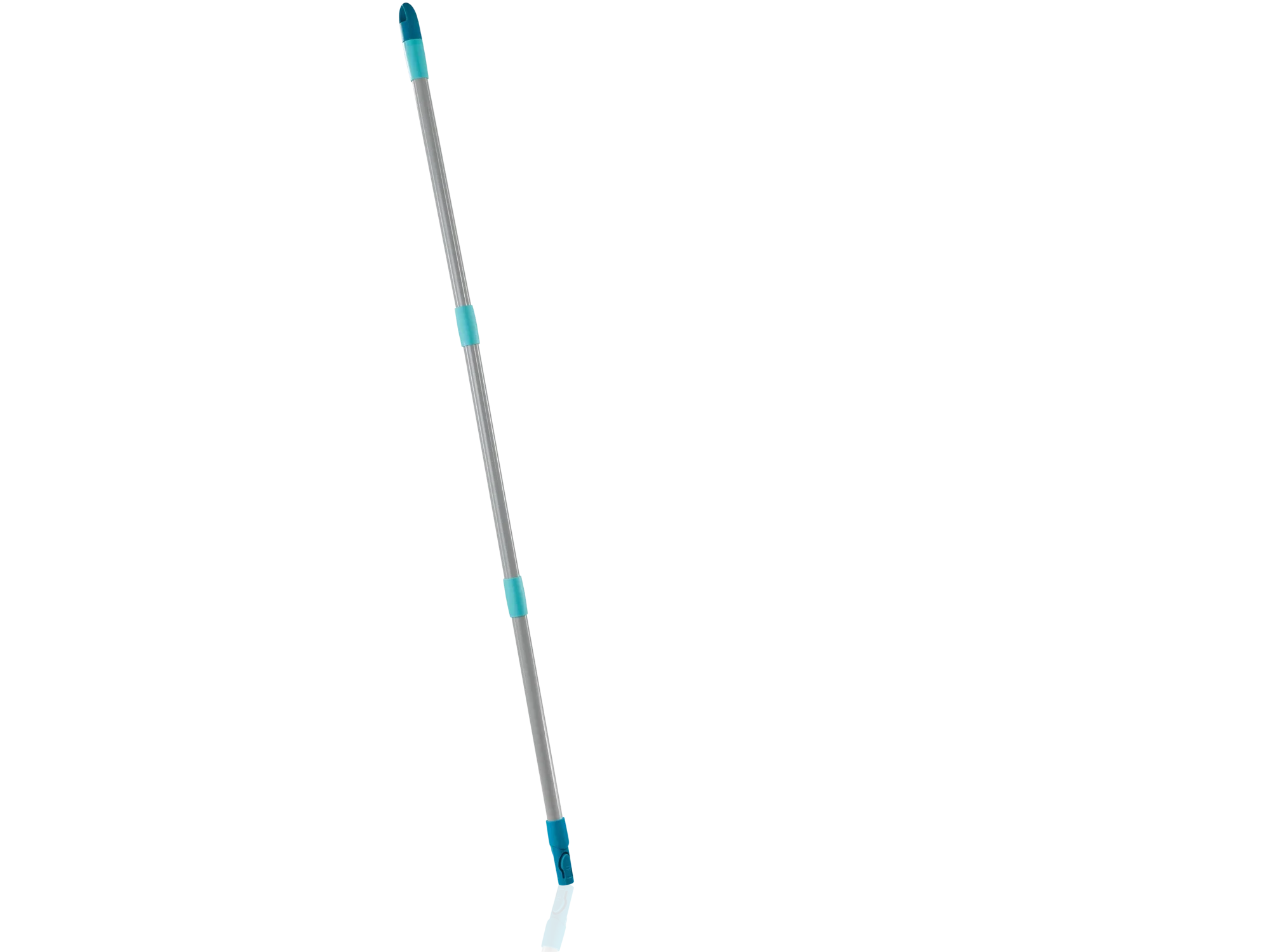 Ein dreiteiliger Stiel des Leifheit Click-Systems, ideal für die Reinigung. Der Stiel ist in Grau mit blauen Akzenten gestaltet und bietet eine einfache Handhabung.