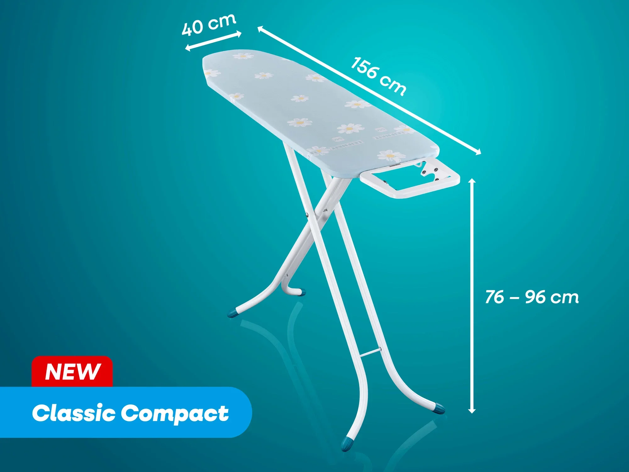Bügeltisch Classic Compact von Leifheit mit blauer Oberfläche und Blumenmuster. Maße: 156 cm Länge, 40 cm Breite, höhenverstellbar von 76 bis 96 cm. Ideal für effizientes Bügeln.