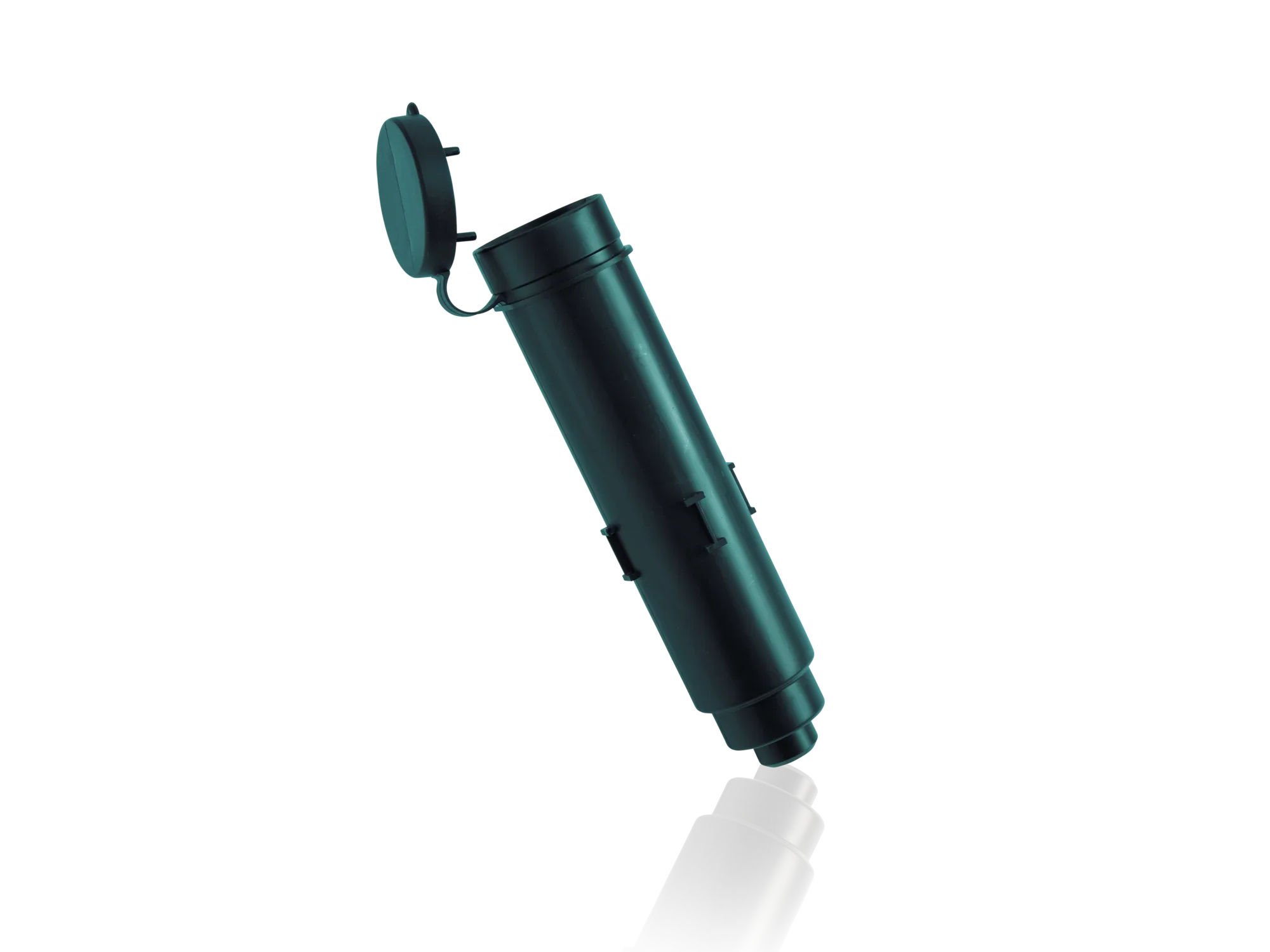 Vervangend grondstopcontact LinoProtect: Een zwart, cilindervormig stopcontact met een afneembaar deksel, geschikt om parasols stevig vast te zetten. Ideaal voor buitengebruik.