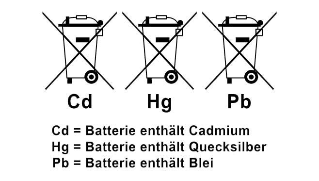 Drei durchgestrichene Muelltonnen-Symbole mit den Kuerzeln Cd, Hg, Pb, darunter Erklaerungen: Cadmium, Quecksilber, Blei in Batterien.