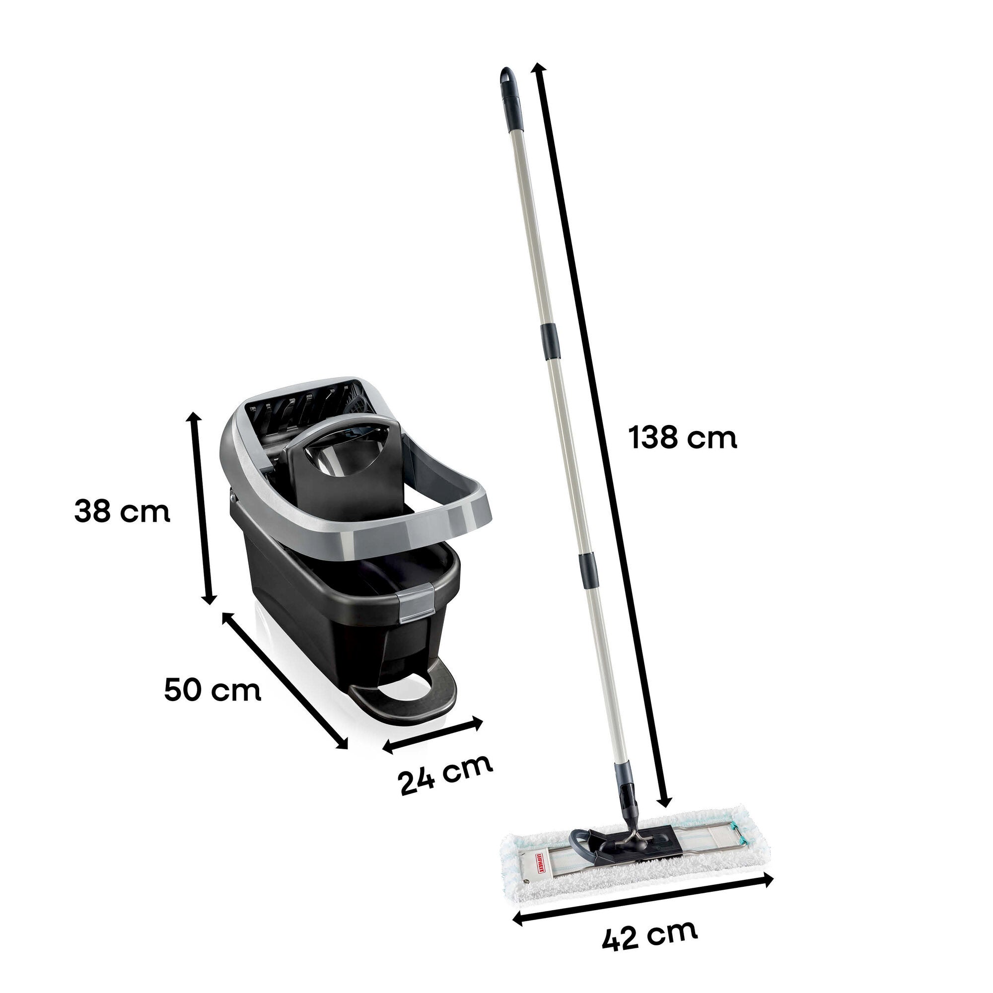 Leifheit Set Profi XL Mobile Black mit Eimer auf Rollen, Pressaufsatz und Stiel-Lavapavimenti mit rechteckigem Wischbezug; abgebildet mit Maßen 50 x 24 x 38 cm, Stielhöhe 138 cm und Wischbreite 42 cm.