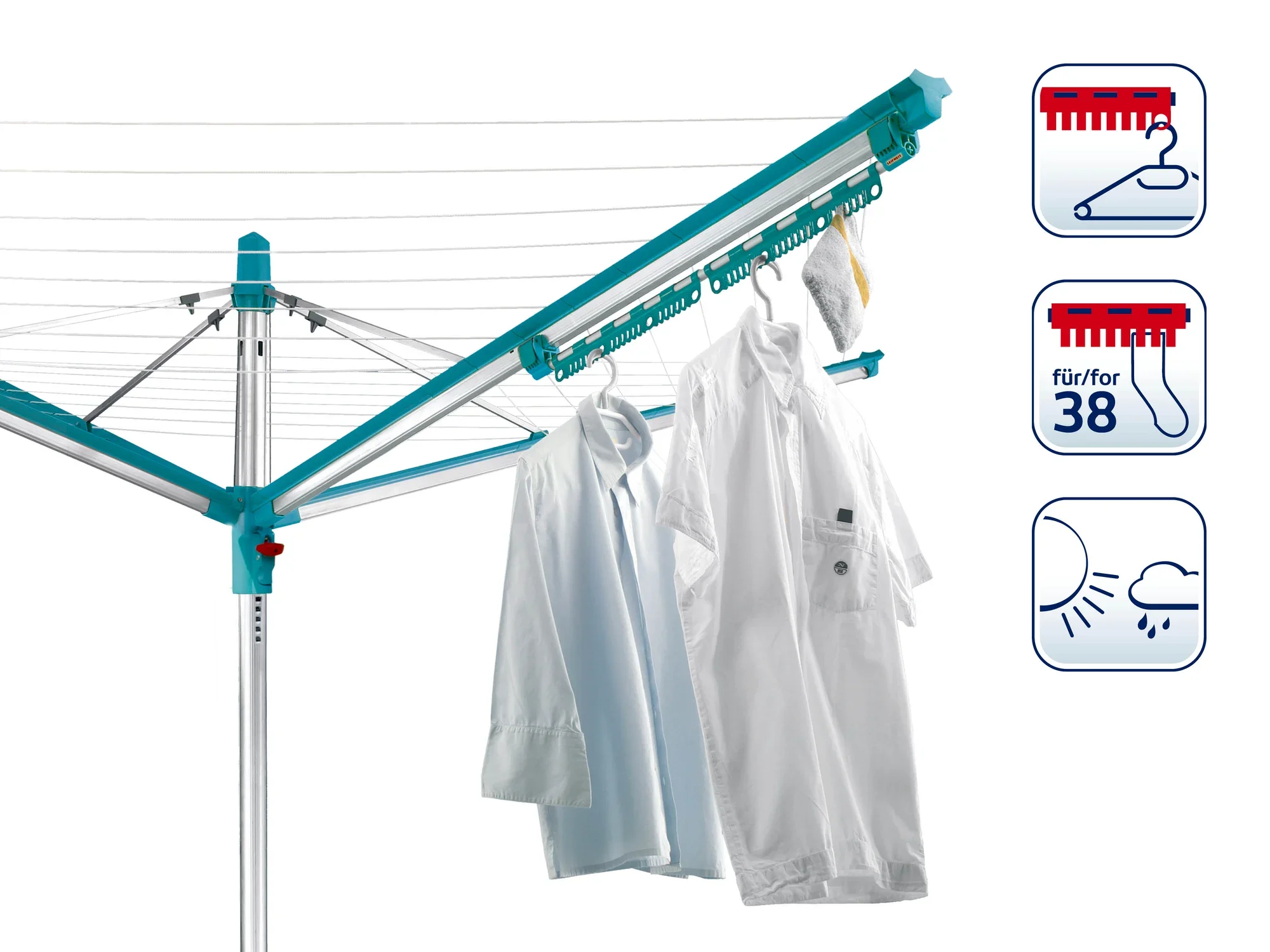 Obrotowa suszarka do ubrań z kilkoma wiszącymi na niej ubraniami, w tym koszulami i ręcznikami. Symbole wskazują funkcje, takie jak miejsce na 38 wieszaków i odporność na warunki atmosferyczne.