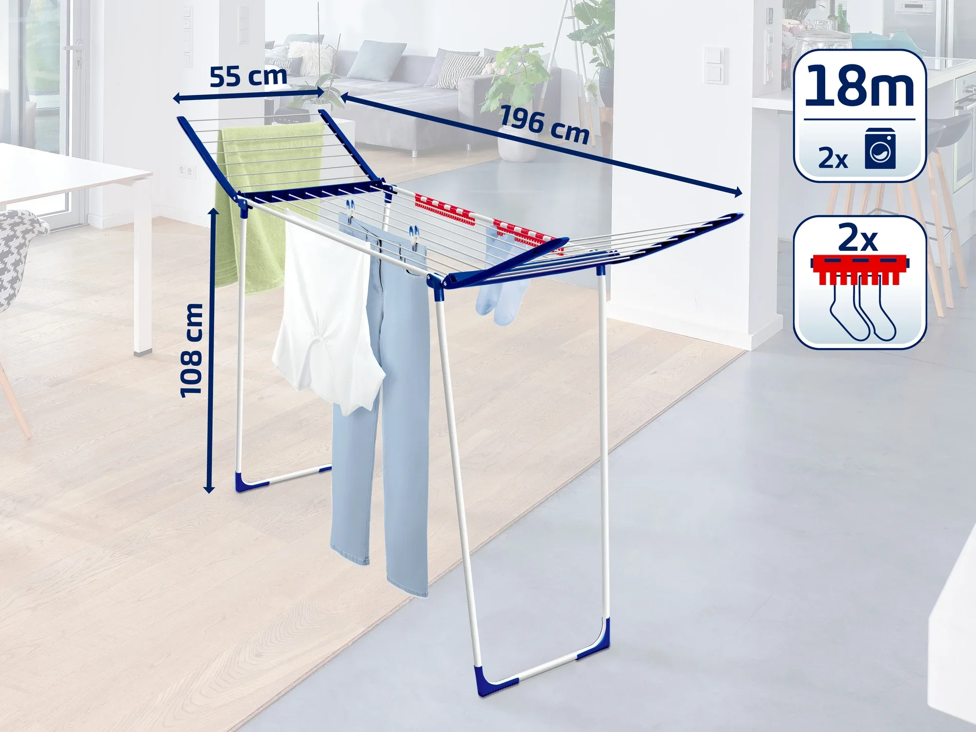Ein Standtrockner mit einer Trockenlänge von 18 Metern, ideal für den Innenbereich. Er misst 196 cm in der Länge, 55 cm in der Breite und 108 cm in der Höhe. Enthält zwei Kleinteilehalter.