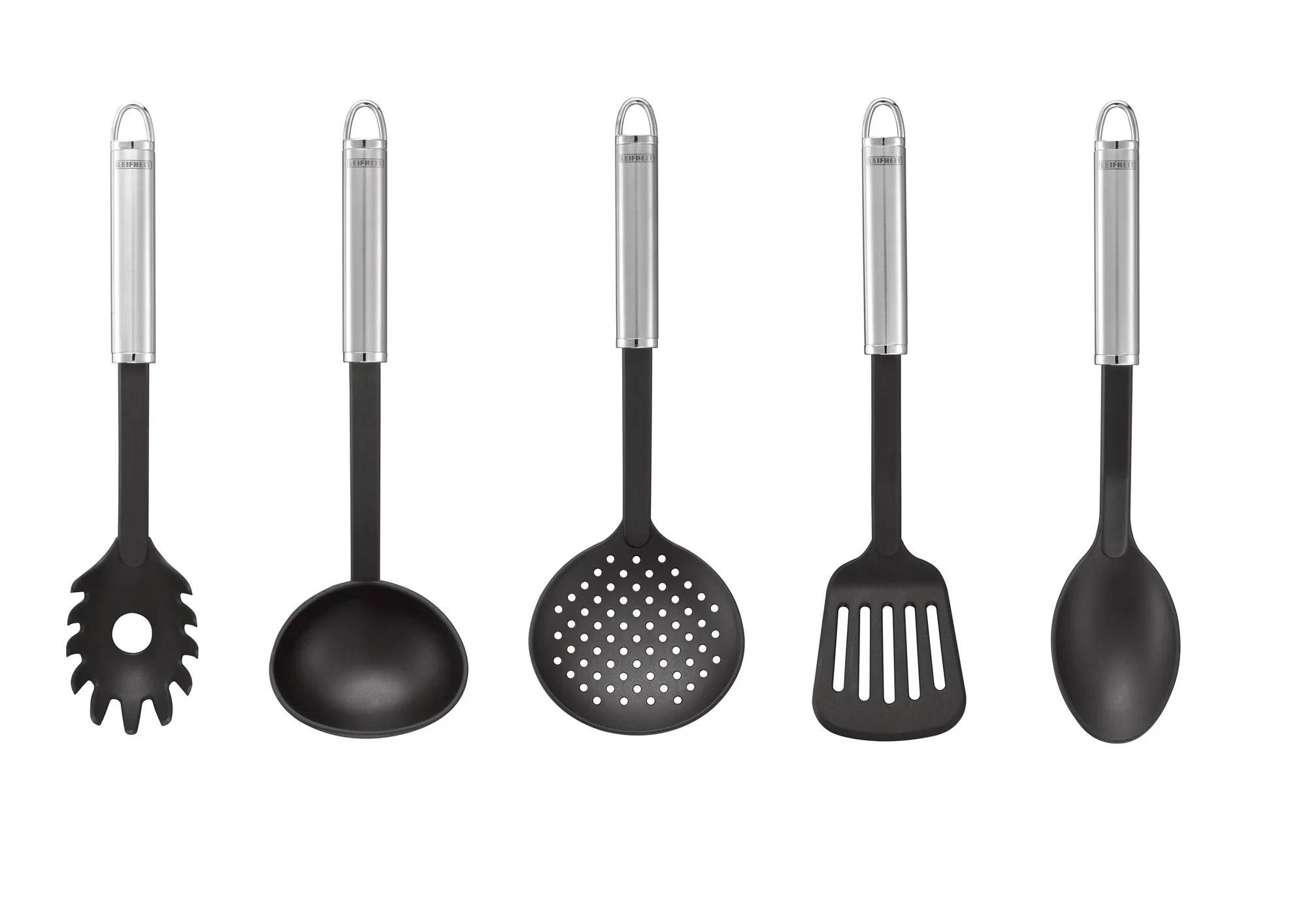 Cuillère à légumes en nylon avec manche ergonomique, idéale pour servir les légumes. La photo montre une série d'ustensiles de cuisine, dont une cuillère à légumes, au design moderne.