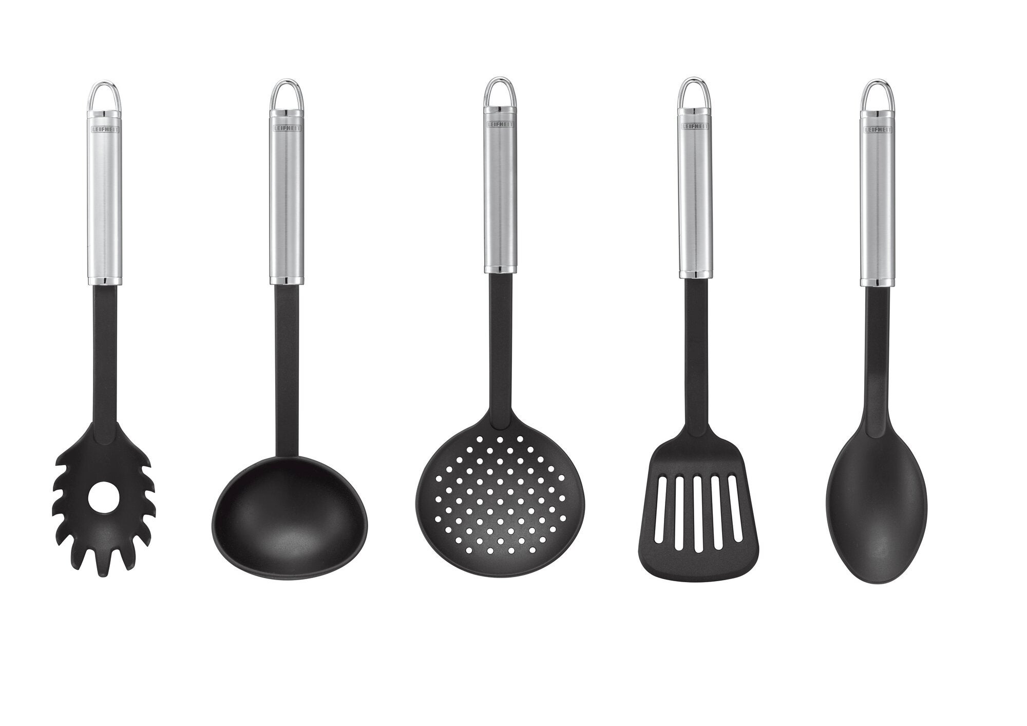 Cuillère à légumes en nylon avec manche ergonomique, idéale pour servir les légumes. La photo montre une série d'ustensiles de cuisine, dont une cuillère à légumes, au design moderne.