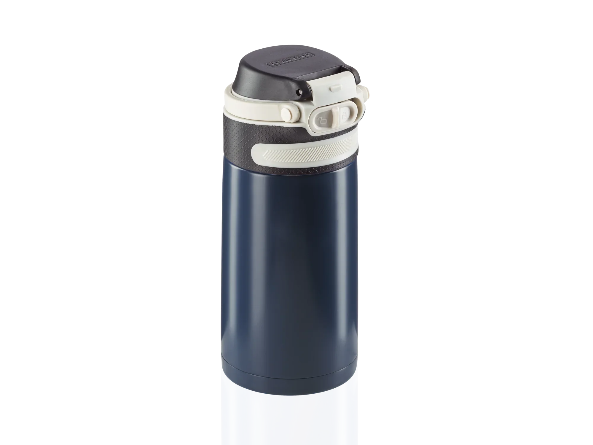 Geïsoleerde mok flip 350 ml in donkerblauw. De mok heeft een veilige sluiting en is ideaal voor op reis. Perfect voor warme of koude dranken.