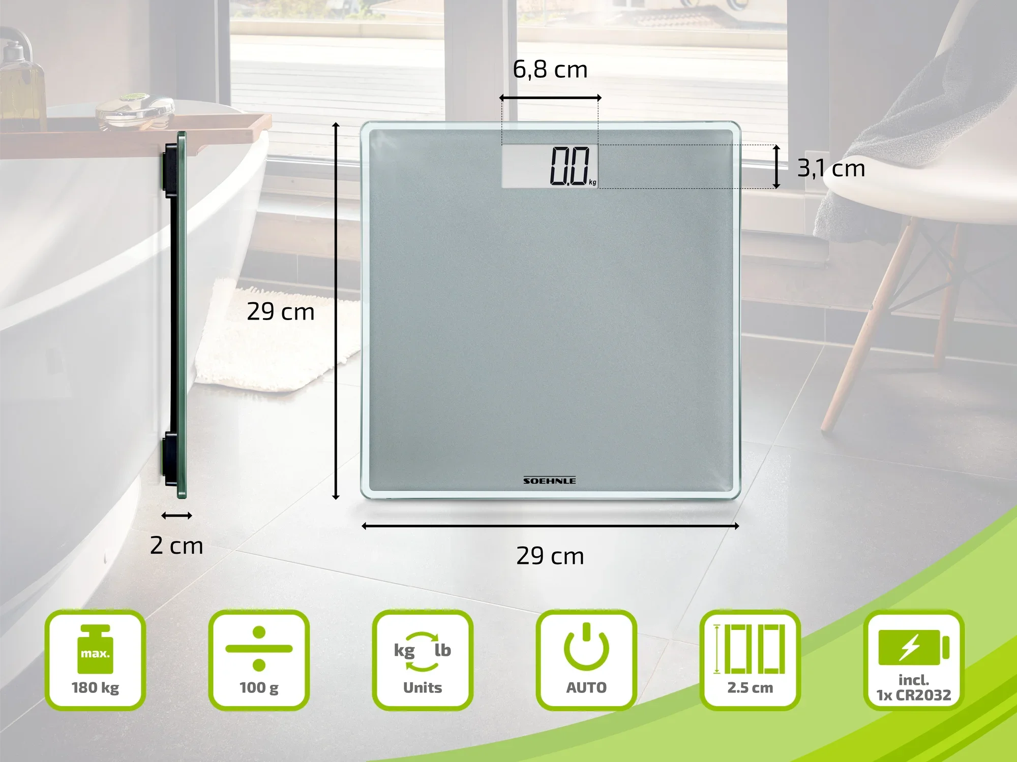 Cyfrowa waga łazienkowa Soehnle o wymiarach 29 x 29 cm i wysokości 2 cm. Wyświetla wagę w kg lub funtach i ma maksymalny udźwig 180 kg. Zawiera 1x baterię CR2032.