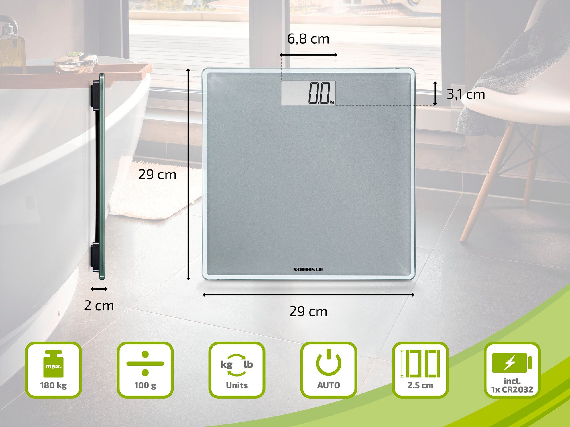 A digital bathroom scale from Soehnle measuring 29 x 29 cm and 2 cm high. It displays weight in kg or lb and has a maximum load capacity of 180 kg. Includes 1x CR2032 battery.