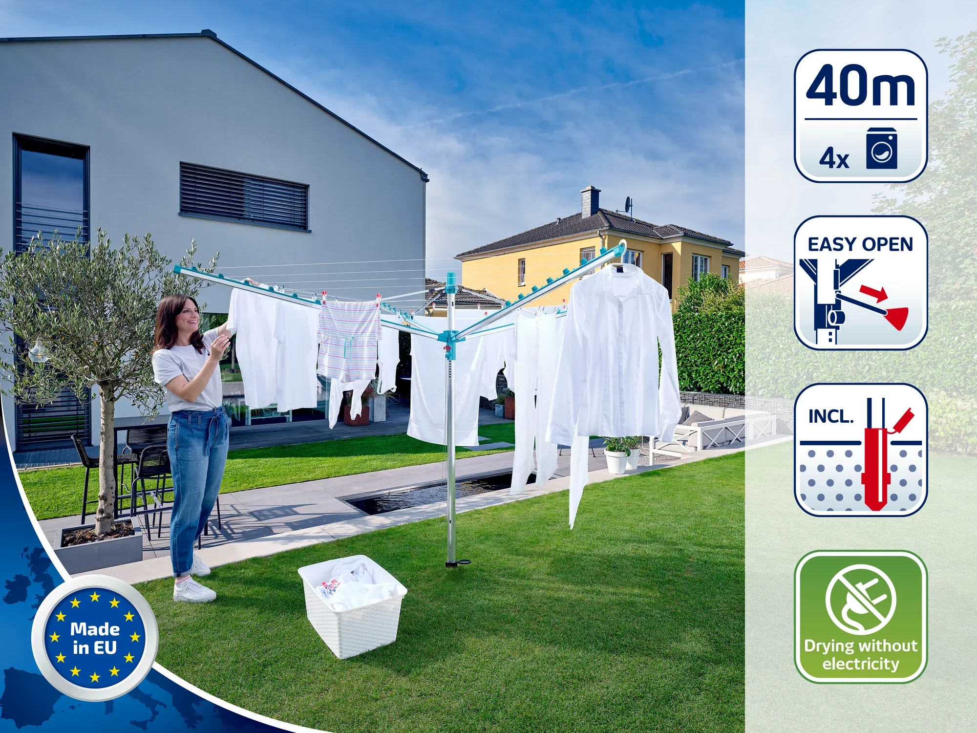 Kobieta wiesza pranie na suszarce obrotowej w ogrodzie. Suszarka obrotowa ma długość suszenia 40 metrów i można ją łatwo otworzyć. Idealna do suszenia bez użycia prądu.